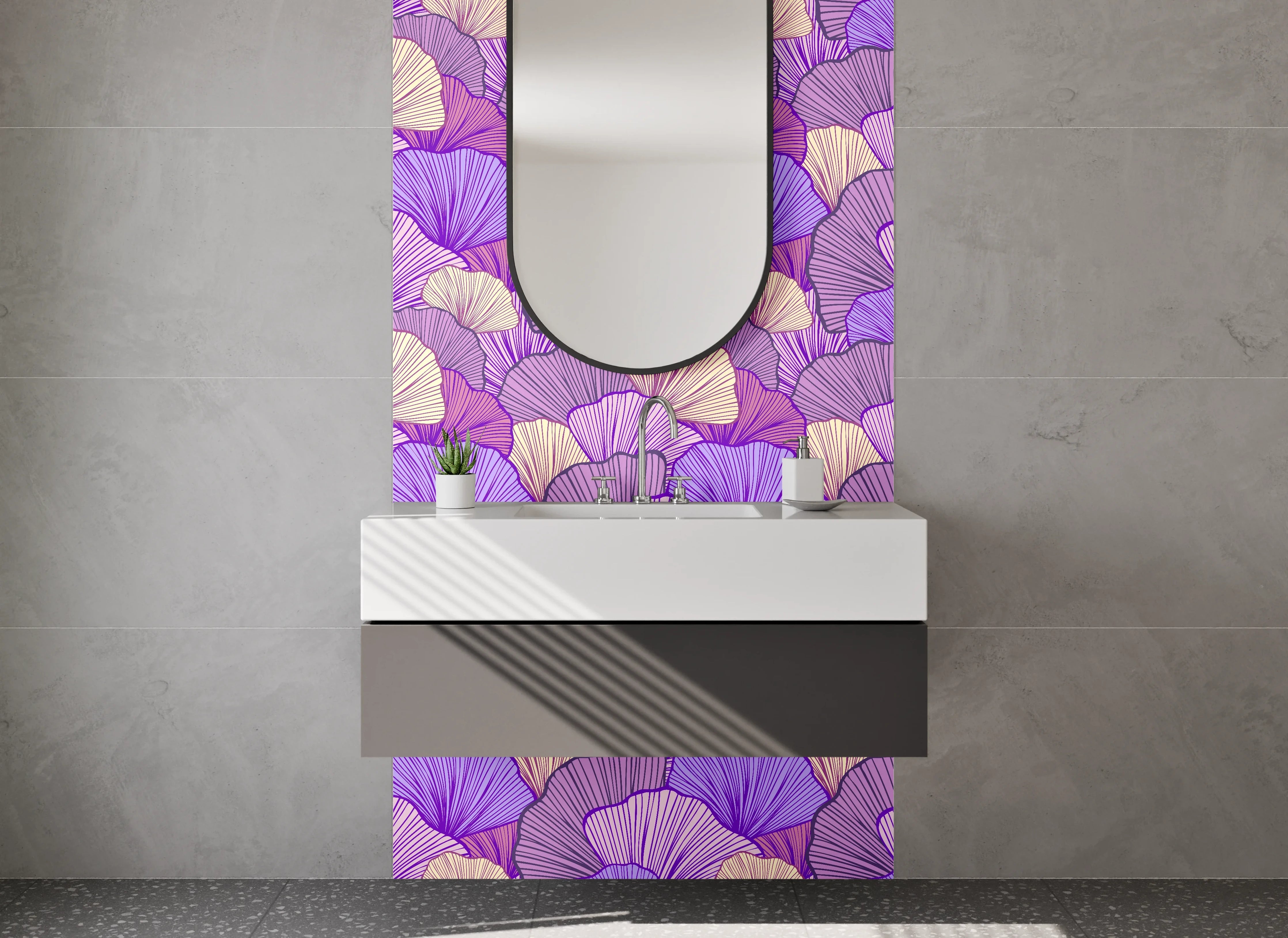 Waschbecken-Rückwand - Lila und Beigetöne Blumenmuster