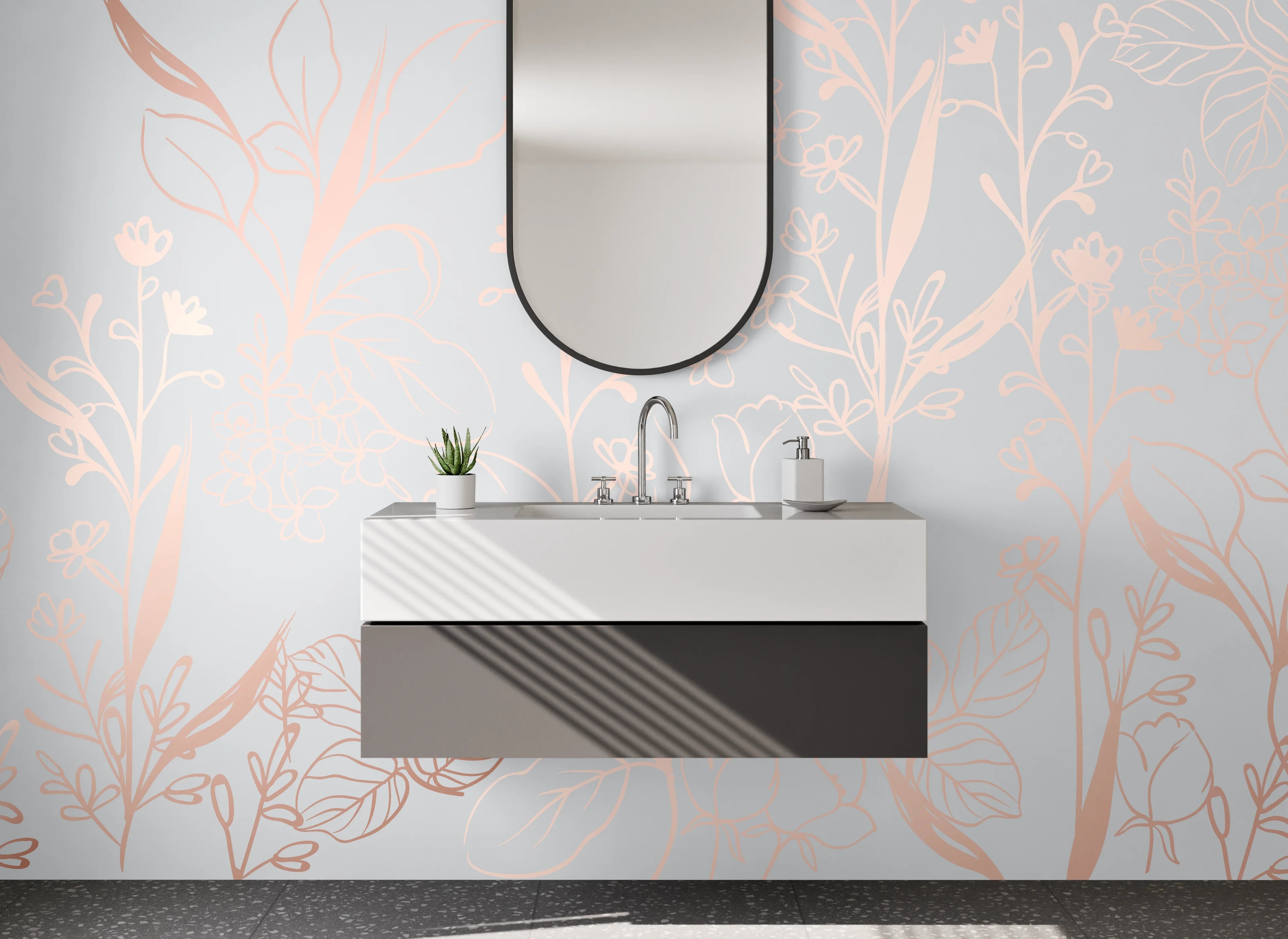 Waschbecken-Rückwand - Lineart Blumen Rosa auf Grau