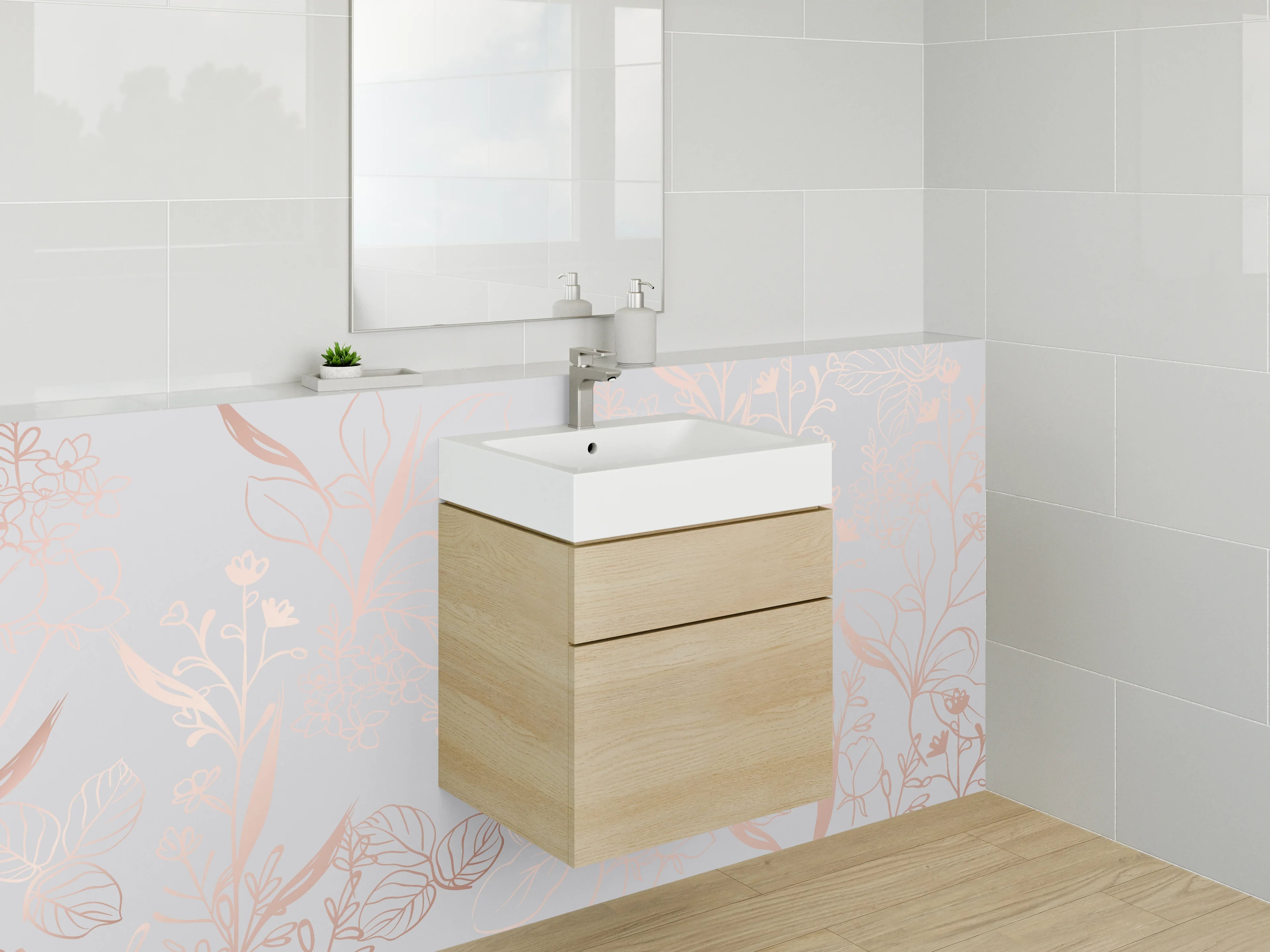 Waschbecken-Rückwand - Lineart Blumen Rosa auf Grau