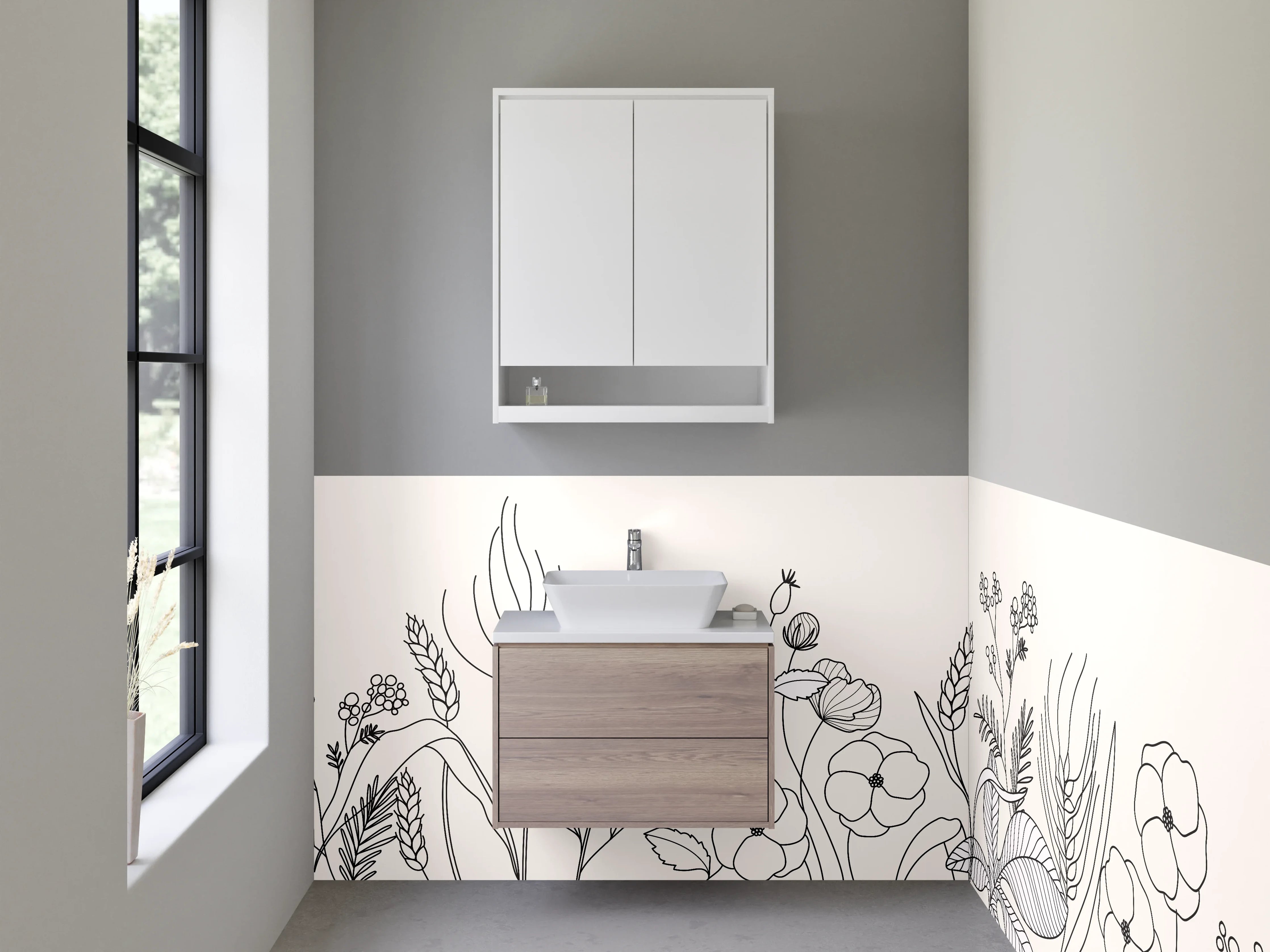 Waschbecken-Rückwand - Lineart Blumen Schwarz-Weiß Minimalistisch