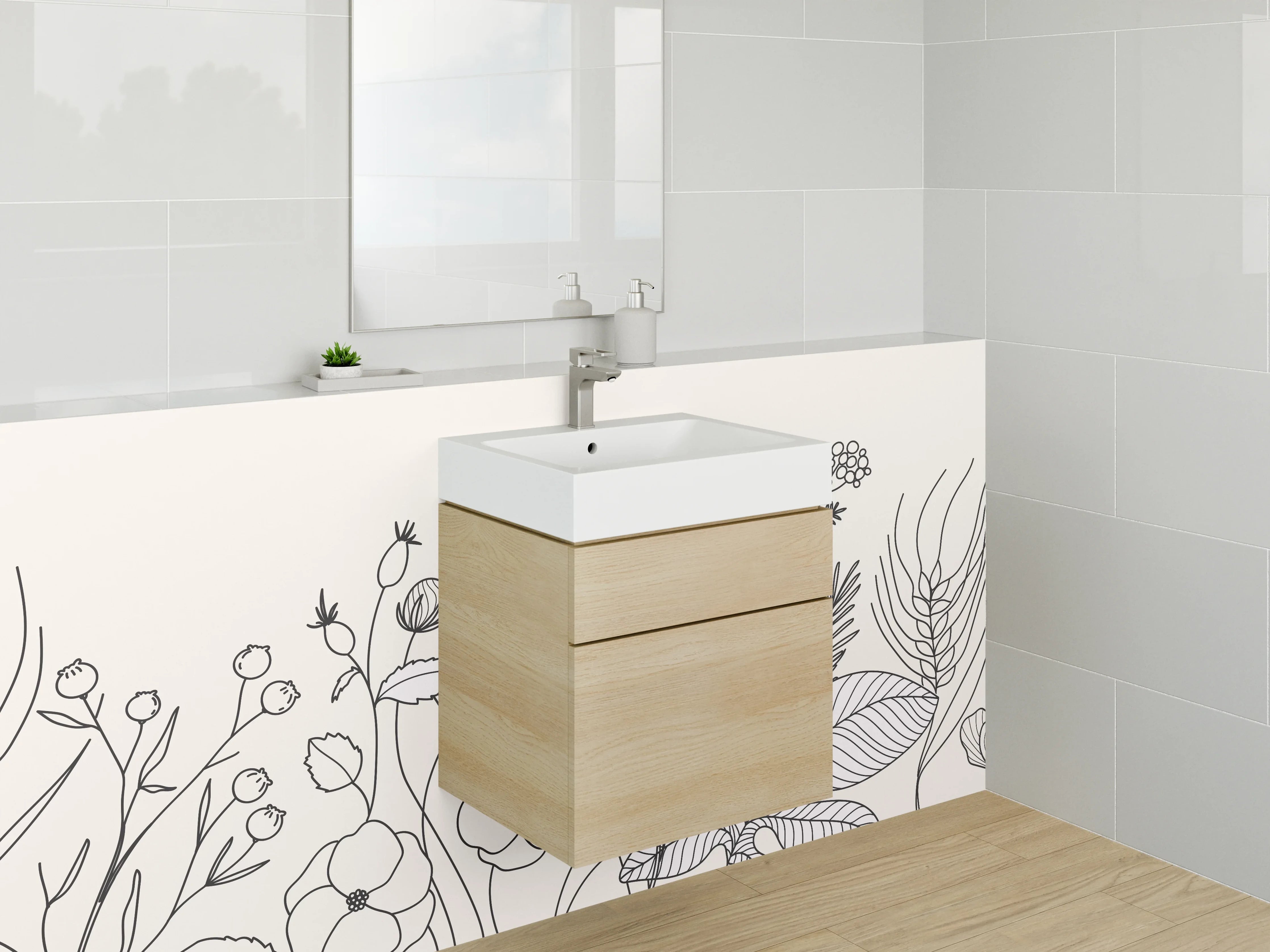 Waschbecken-Rückwand - Lineart Blumen Schwarz-Weiß Minimalistisch