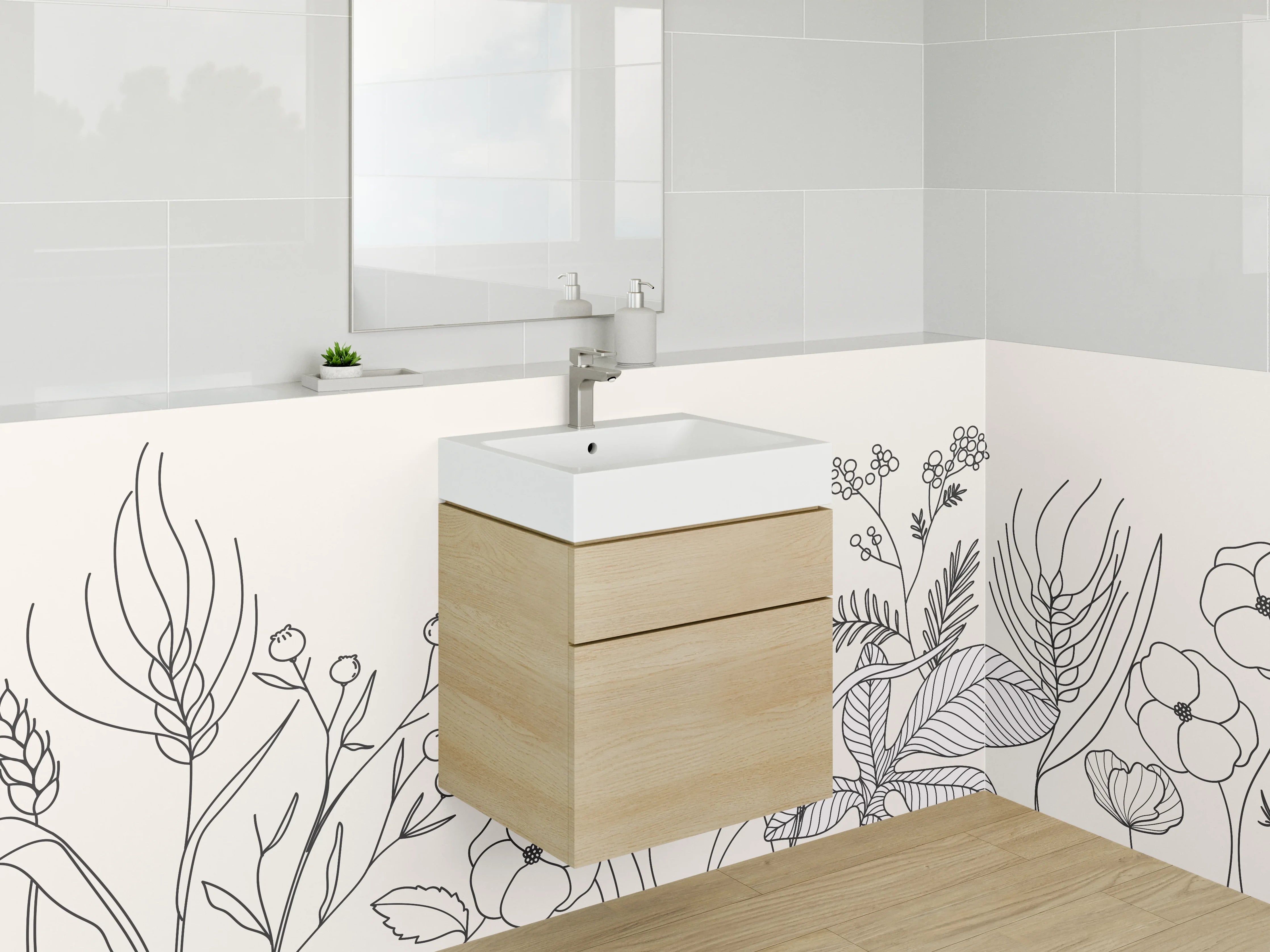Waschbecken-Rückwand - Lineart Blumen Schwarz-Weiß Minimalistisch