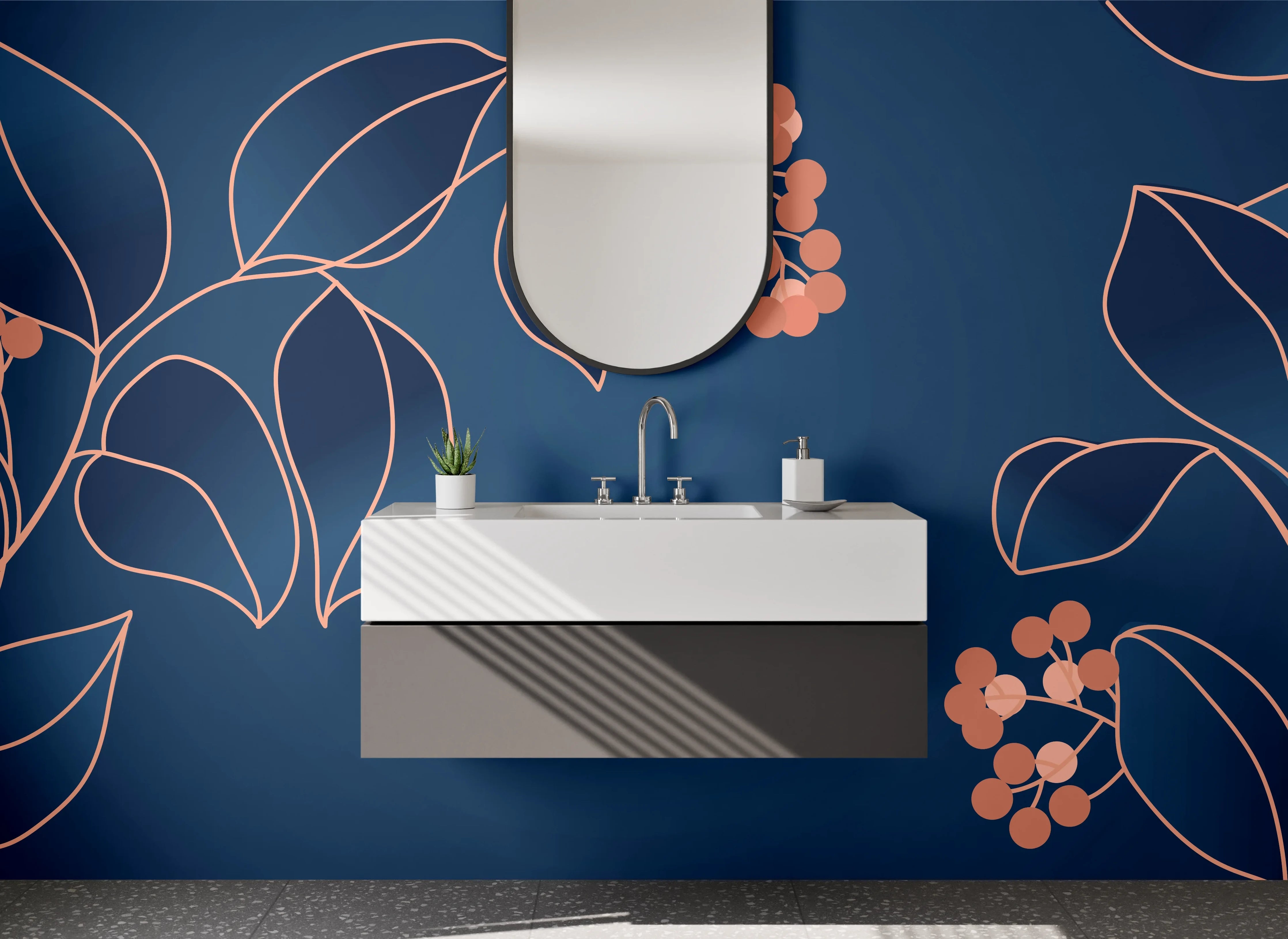 Waschbecken-Rückwand - Lineart Blumen auf Dunkelblau