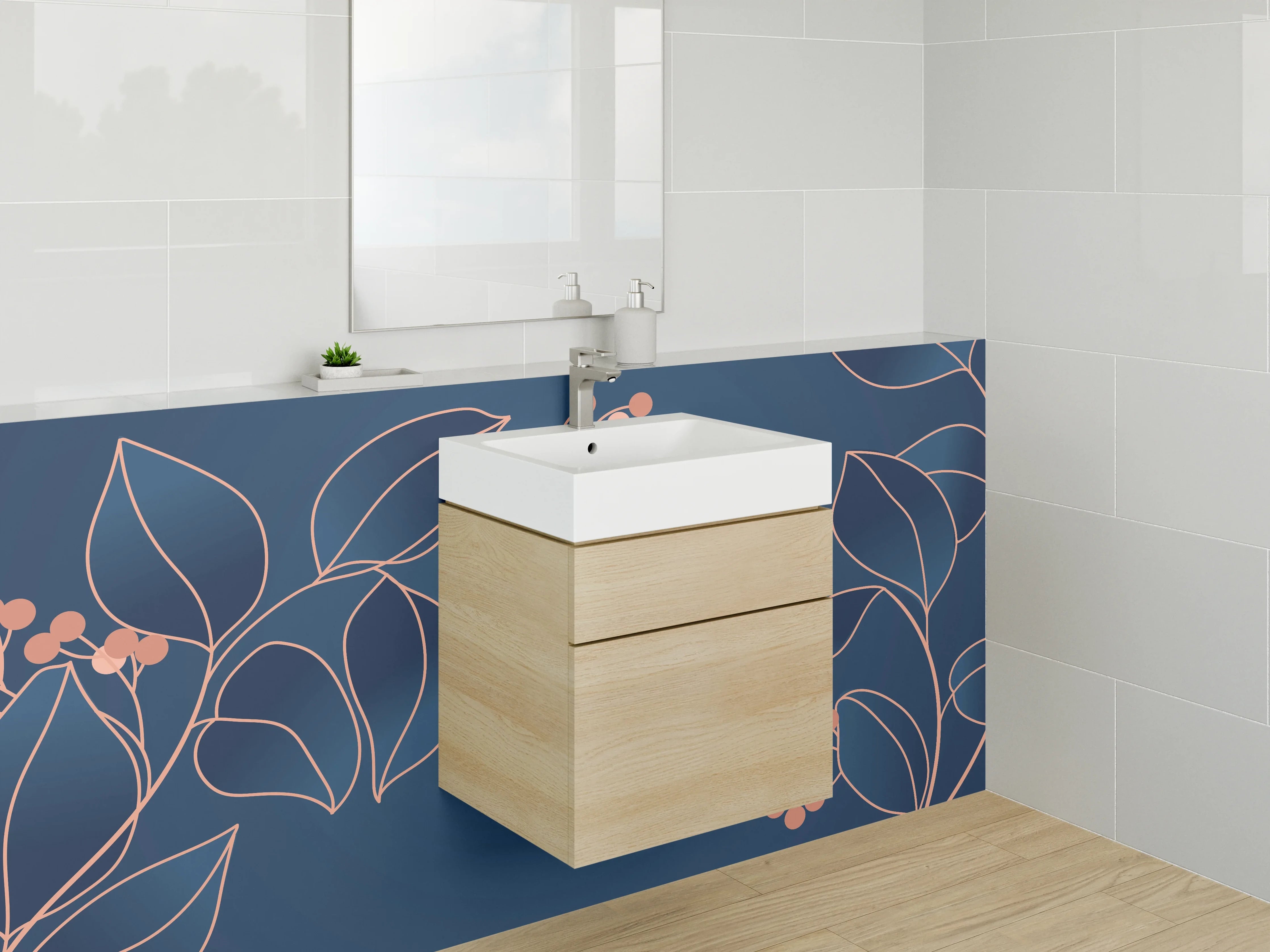 Waschbecken-Rückwand - Lineart Blumen auf Dunkelblau
