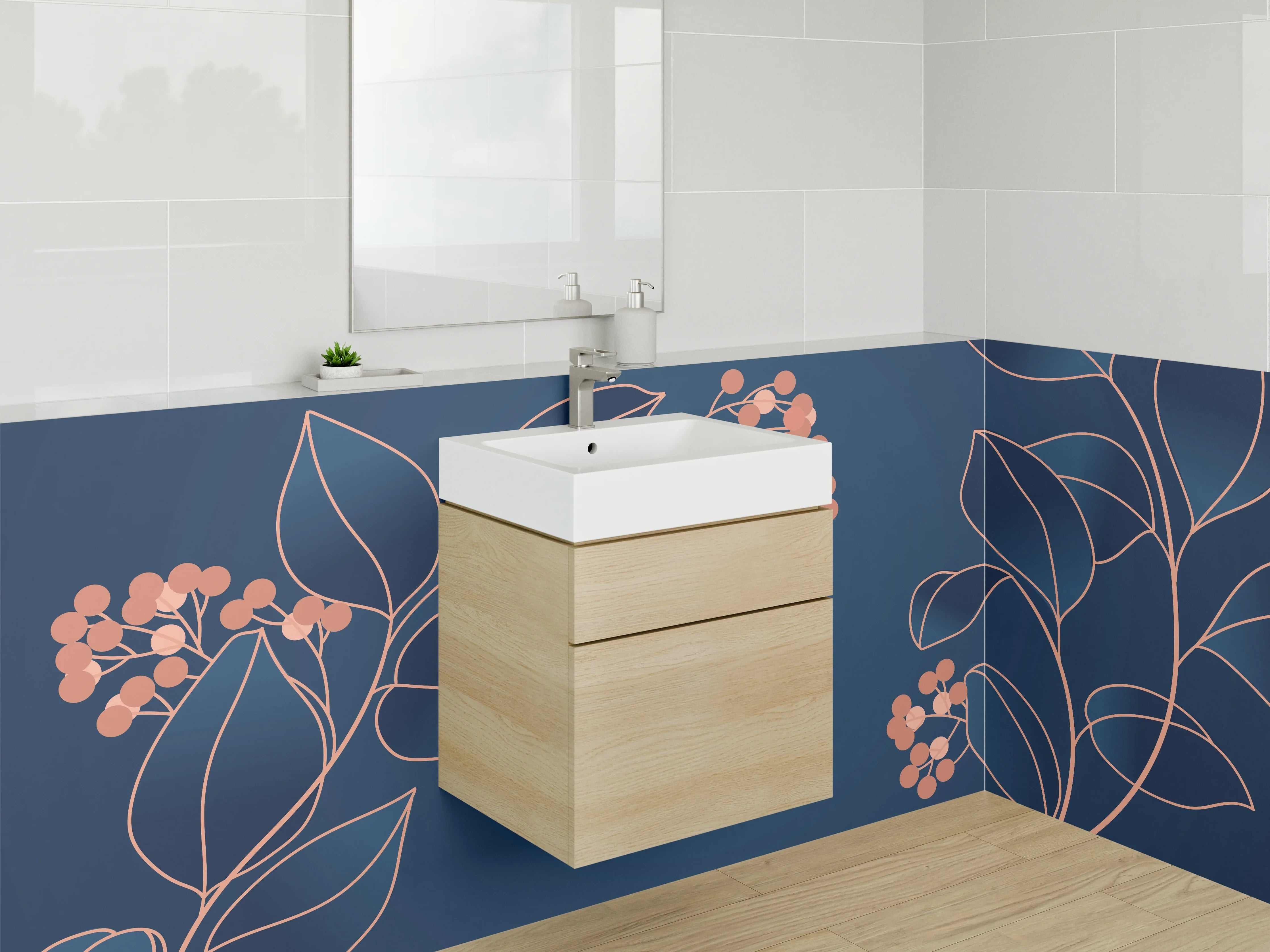 Waschbecken-Rückwand - Lineart Blumen auf Dunkelblau