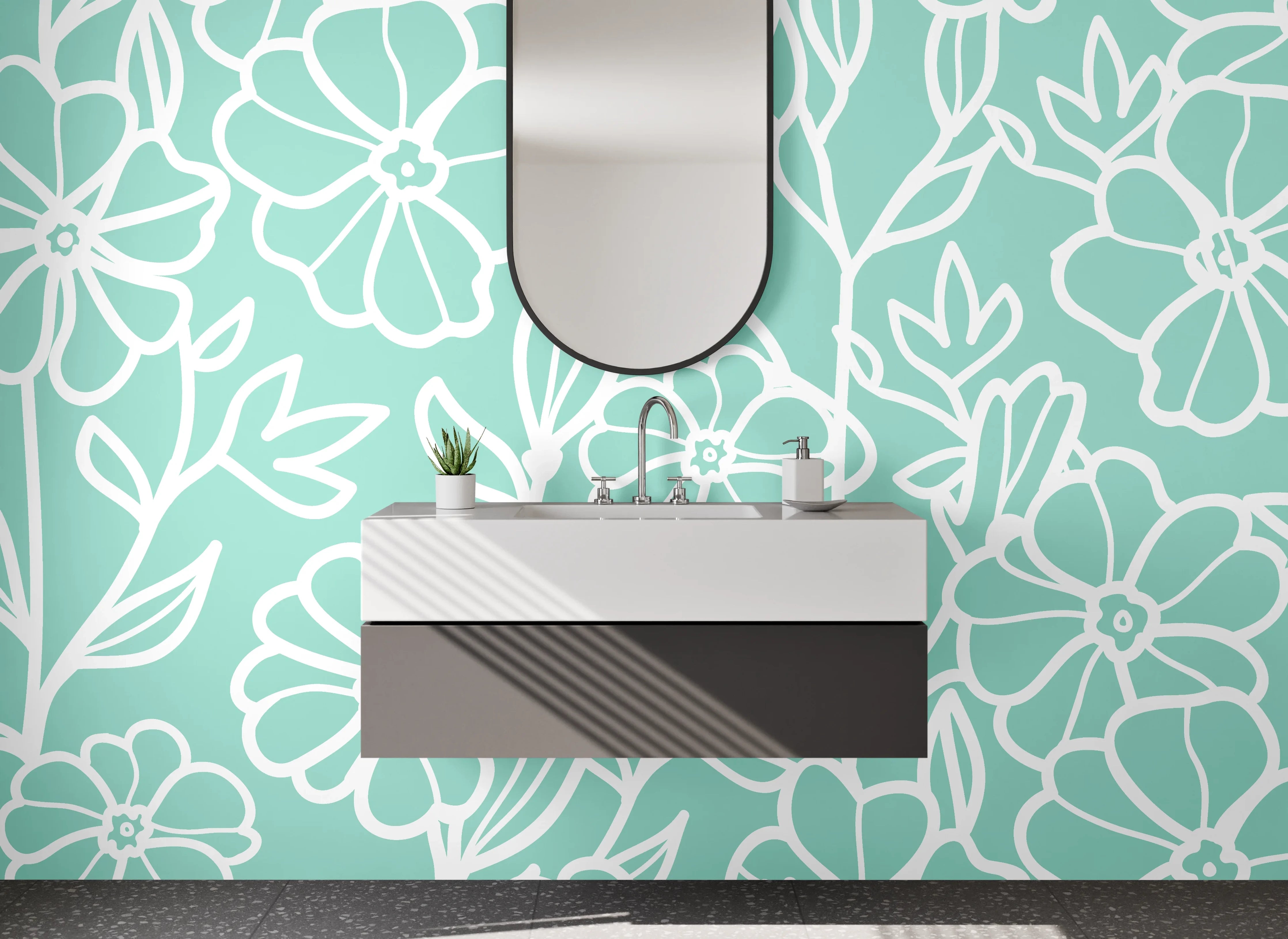 Waschbecken-Rückwand - Lineart Blumen auf mintgrün – floral