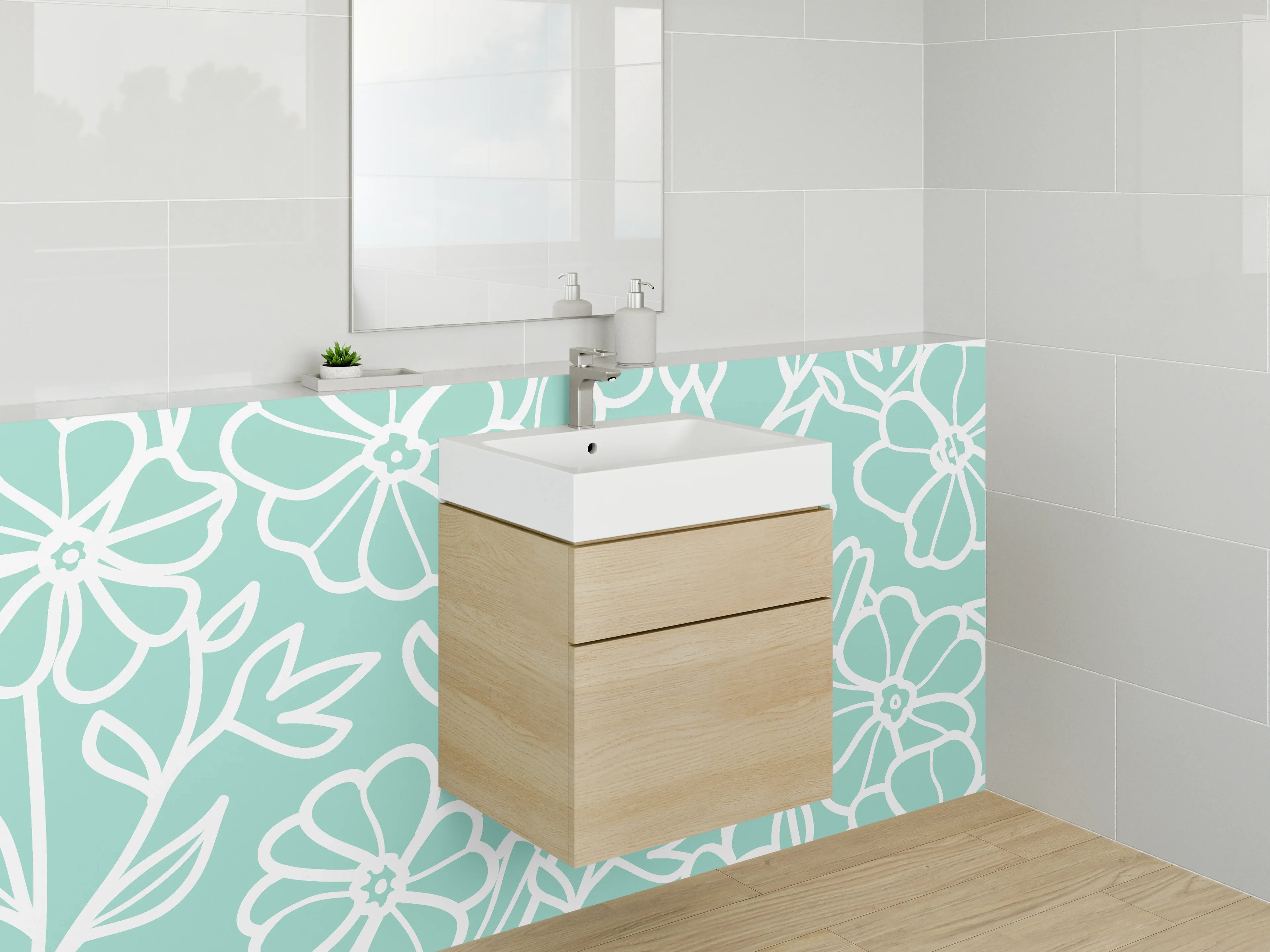 Waschbecken-Rückwand - Lineart Blumen auf mintgrün – floral