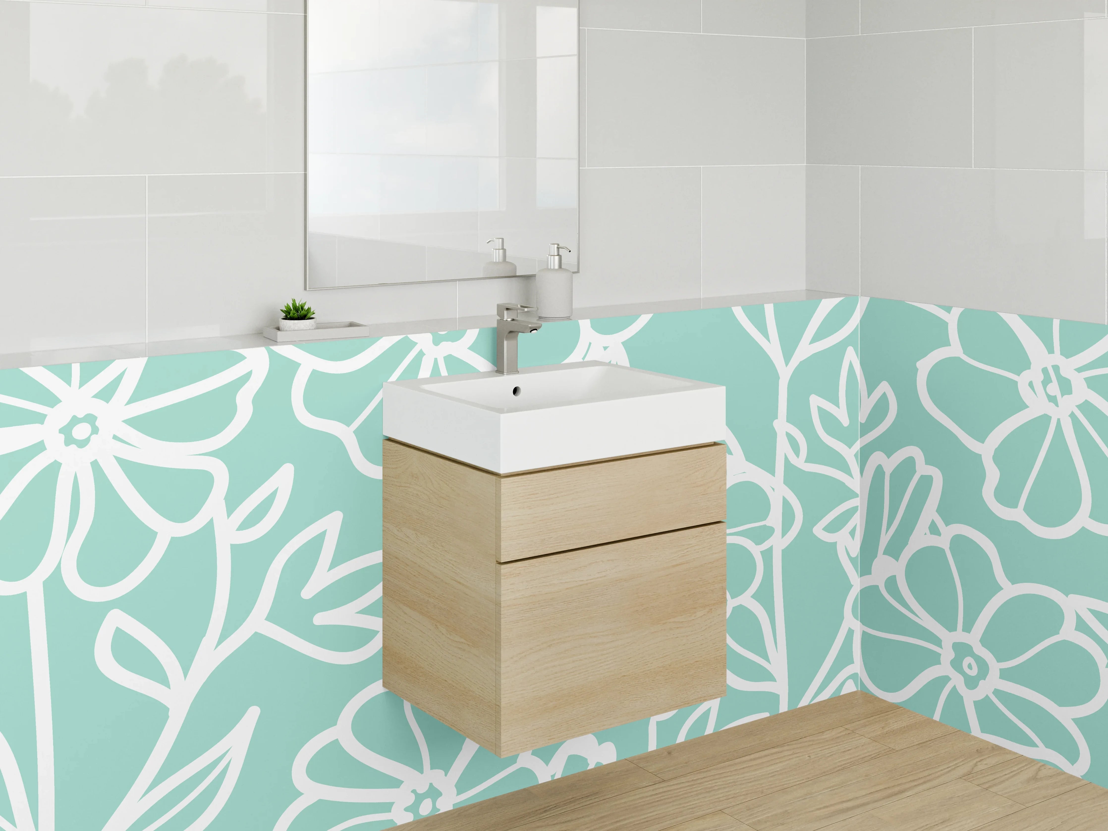 Waschbecken-Rückwand - Lineart Blumen auf mintgrün – floral