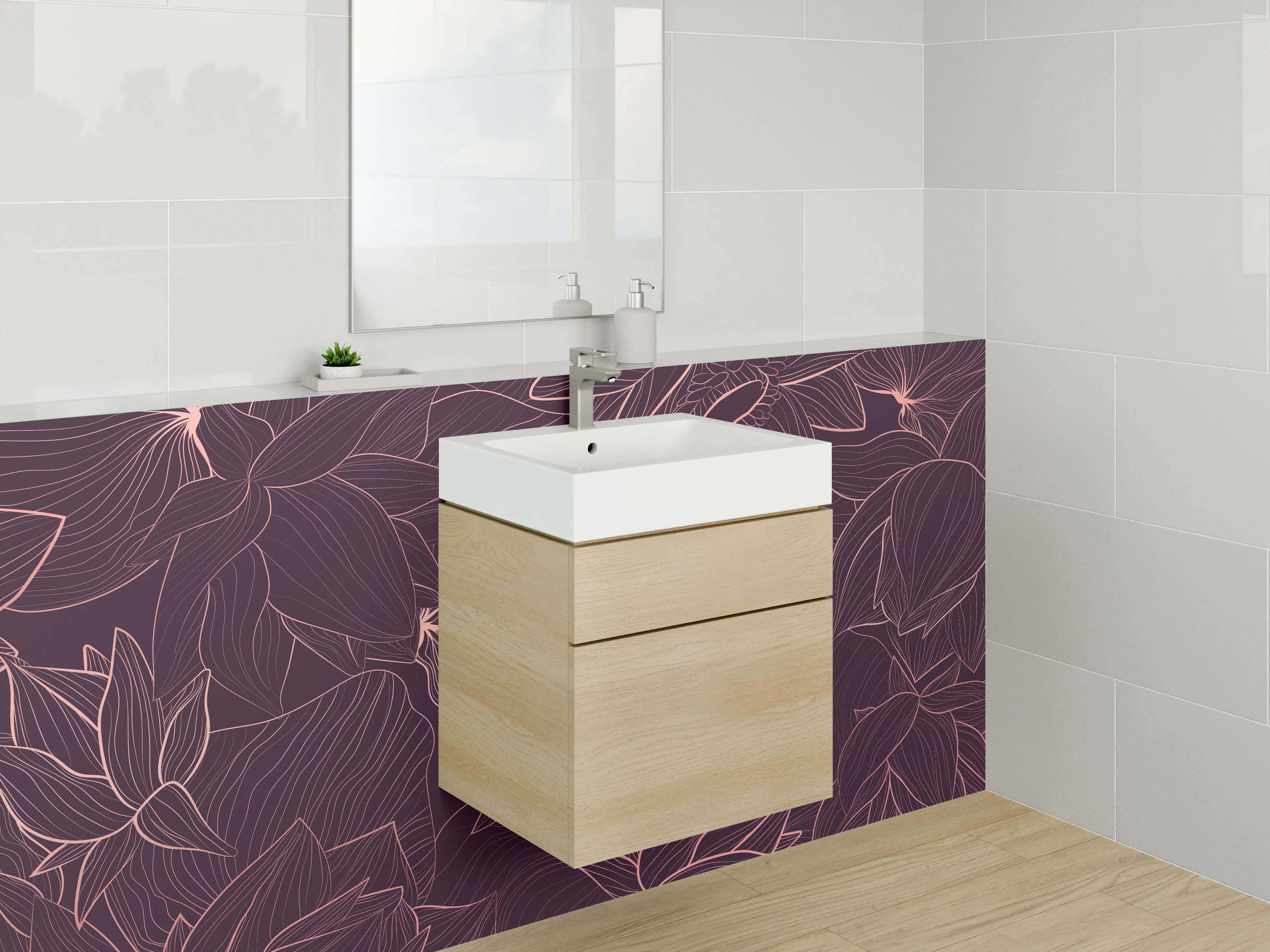 Waschbecken-Rückwand - Lineart Lotusblüten Dunkelrot