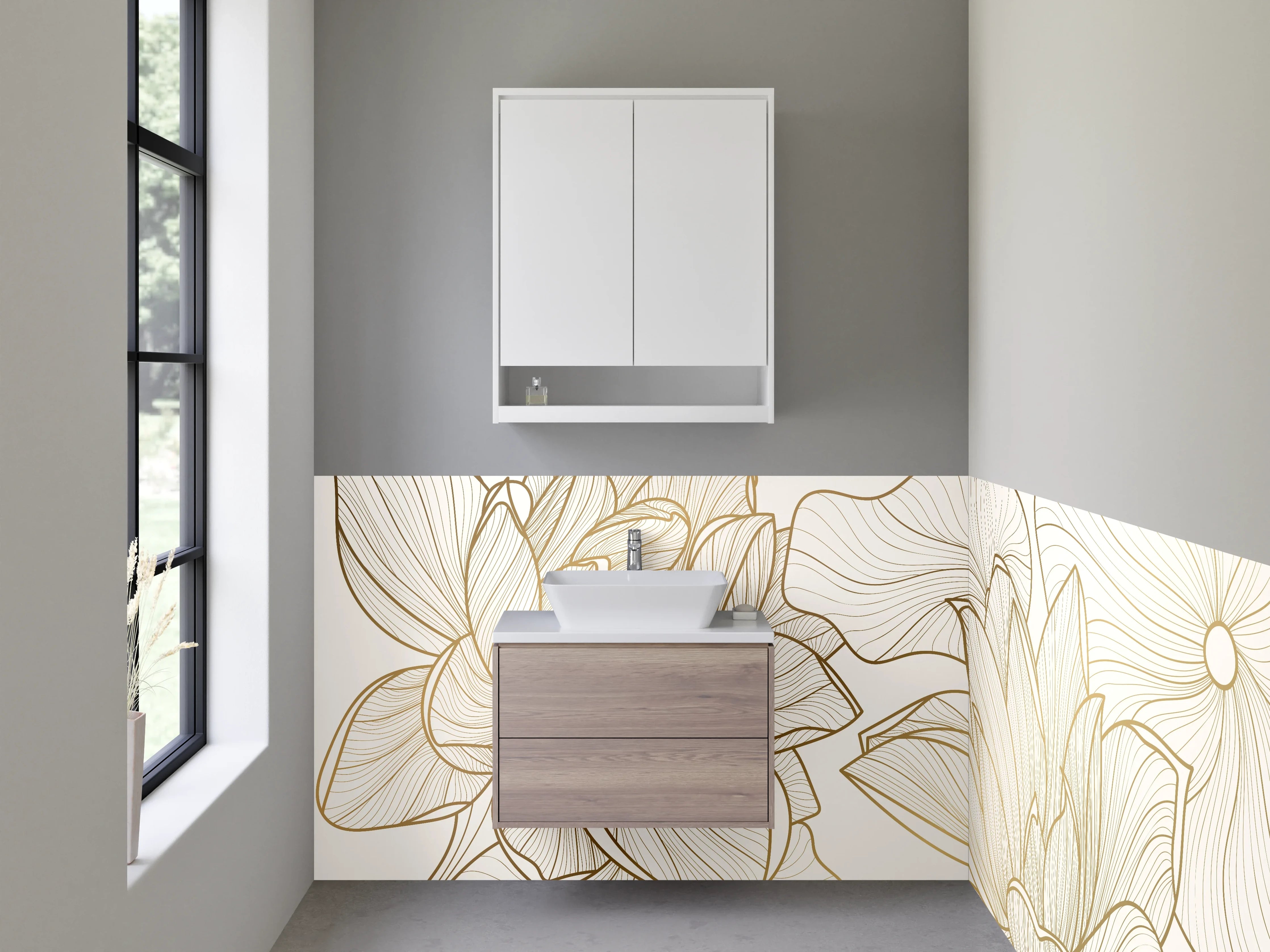 Waschbecken-Rückwand - Lineart Lotusblüten auf Creme-Gold