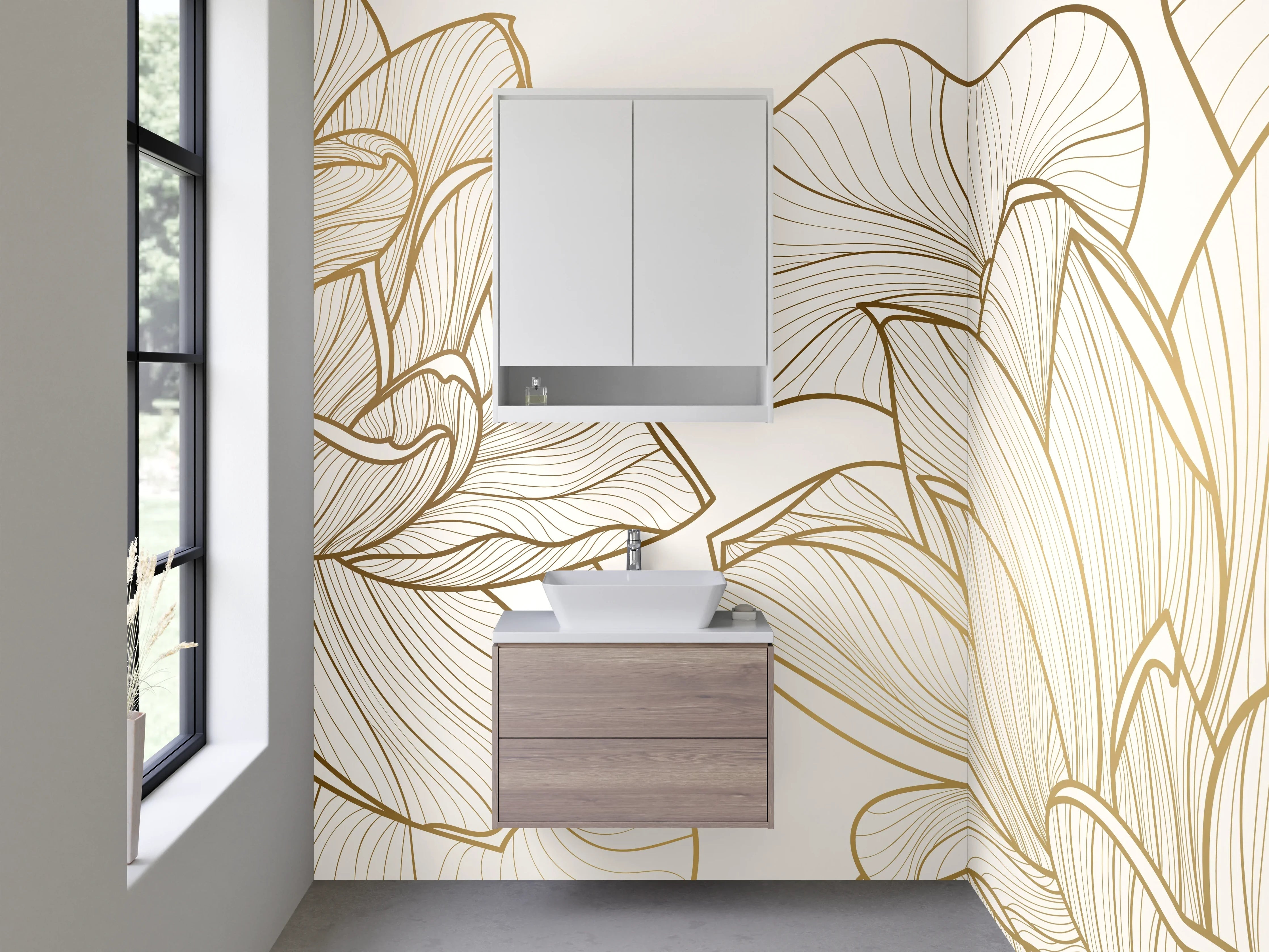 Waschbecken-Rückwand - Lineart Lotusblüten auf Creme-Gold