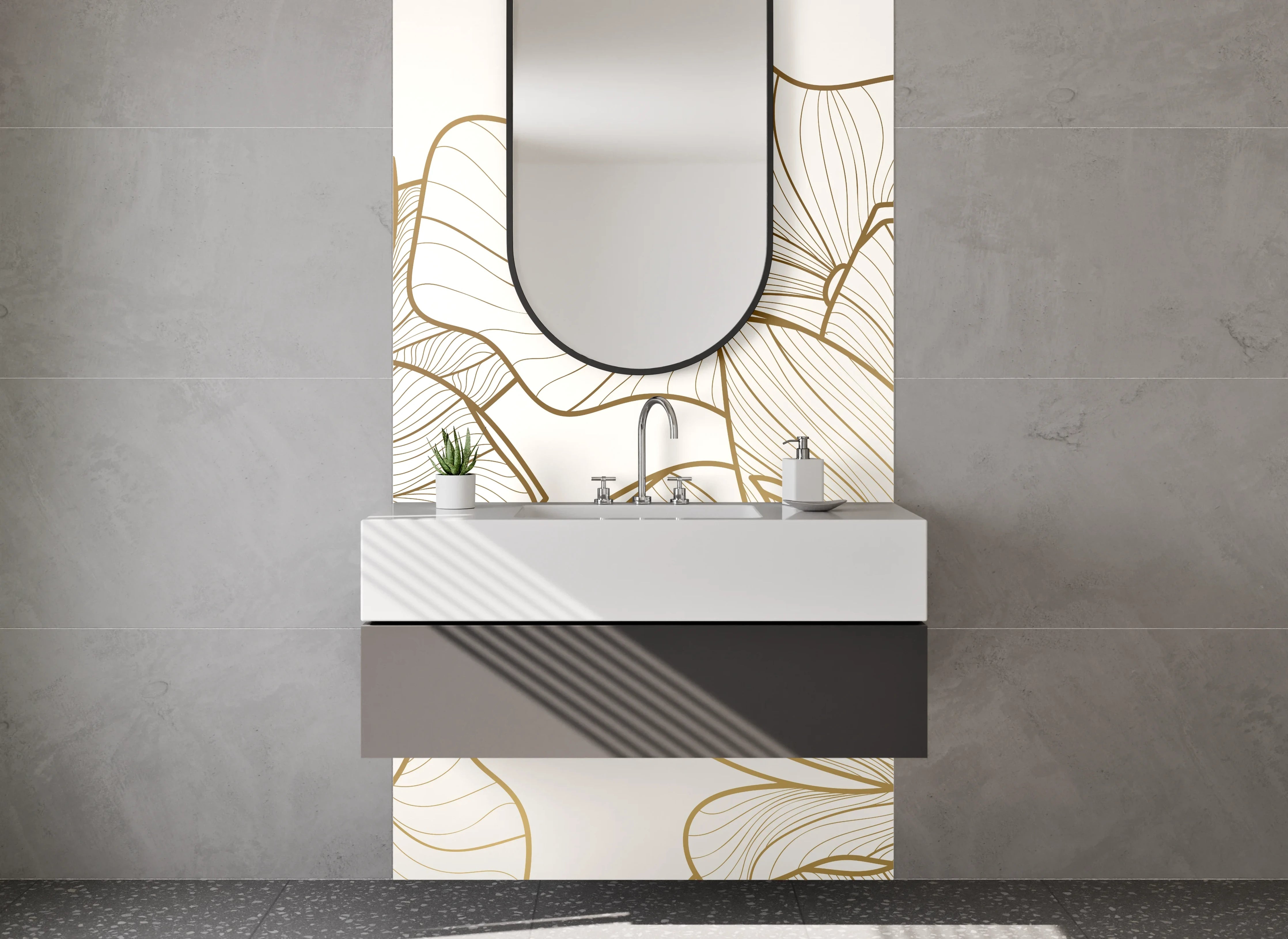 Waschbecken-Rückwand - Lineart Lotusblüten auf Creme-Gold