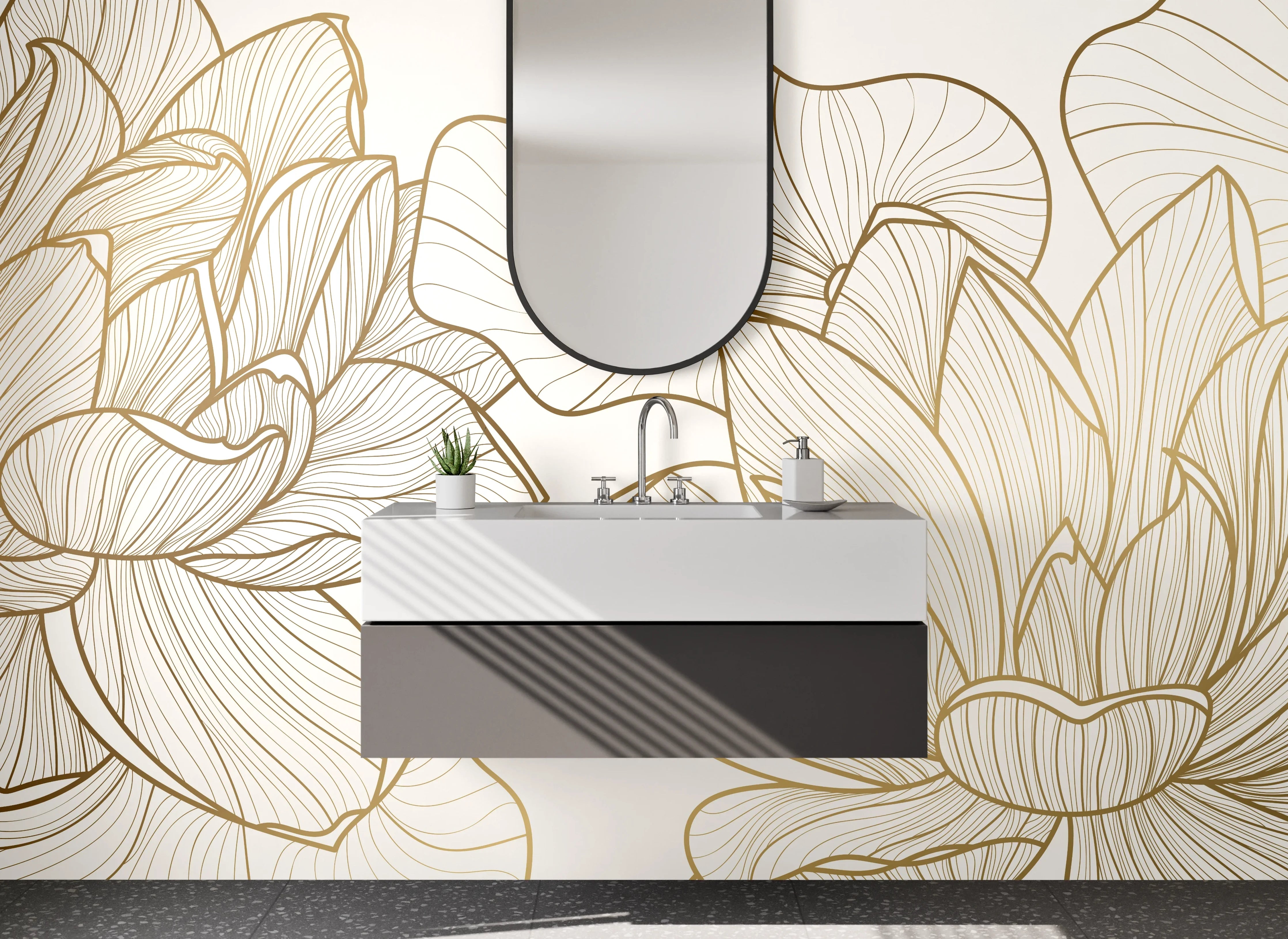 Waschbecken-Rückwand - Lineart Lotusblüten auf Creme-Gold