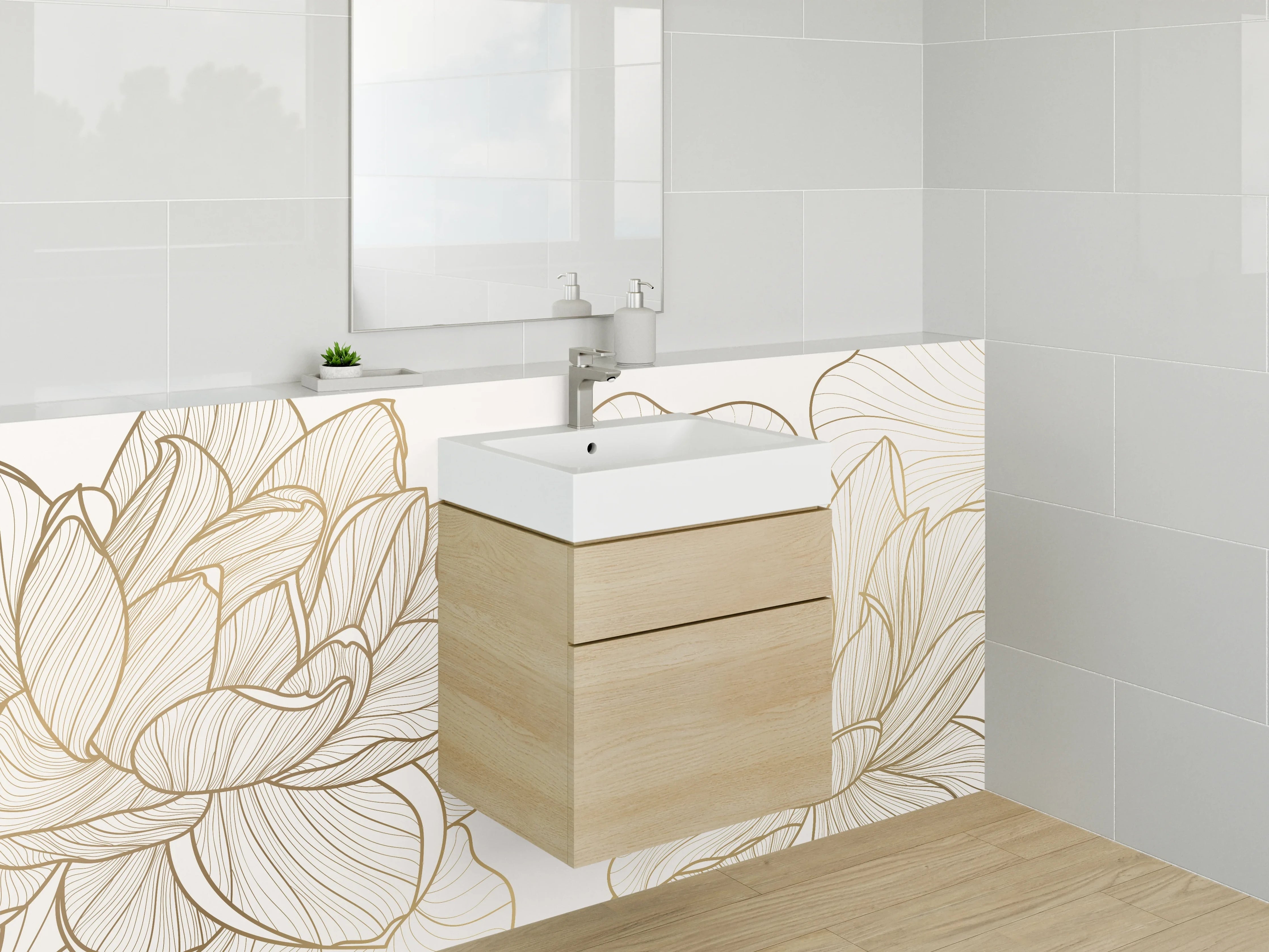 Waschbecken-Rückwand - Lineart Lotusblüten auf Creme-Gold