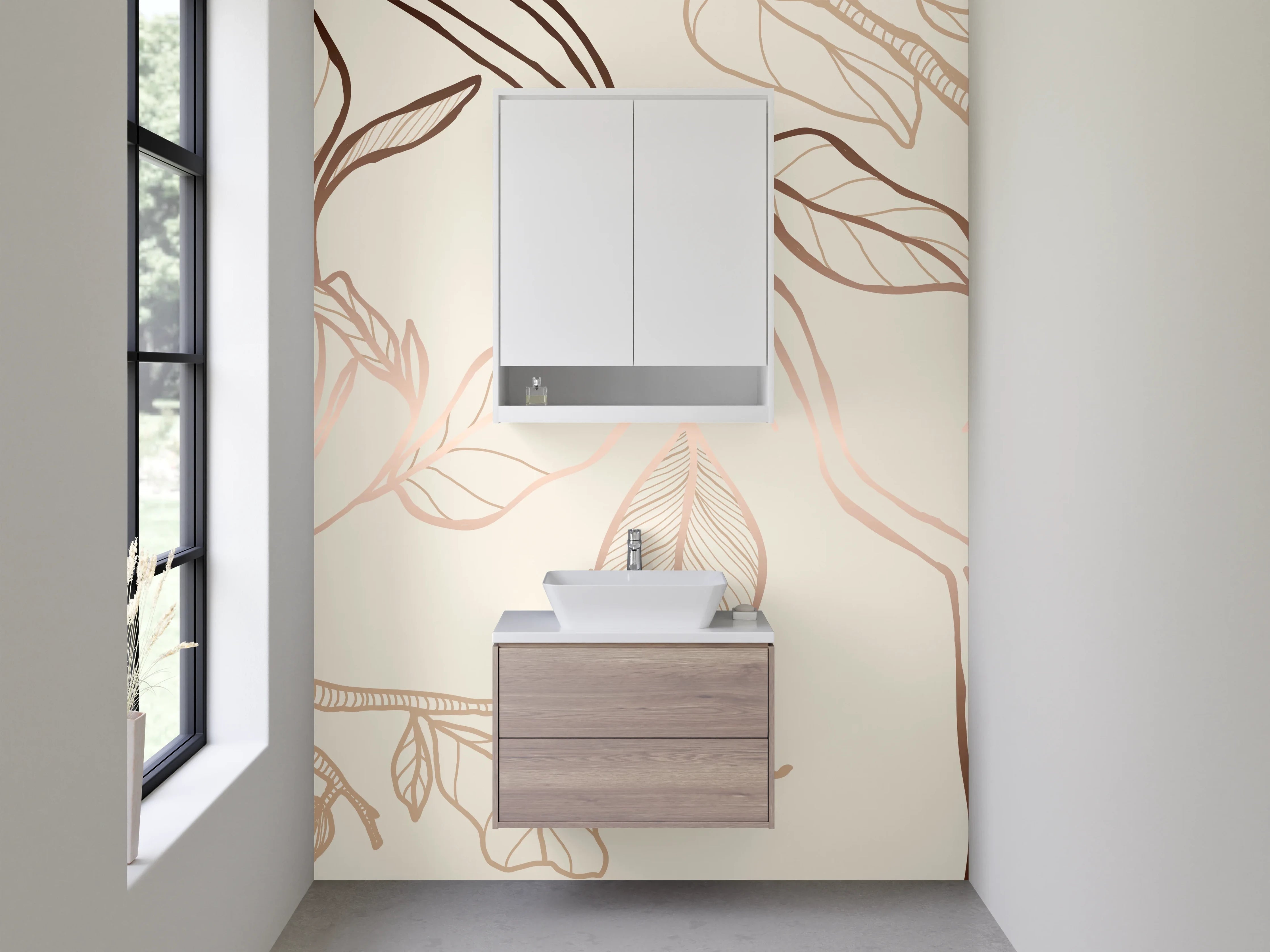 Waschbecken-Rückwand - Lineart Magnolie Blüten Beige Braun