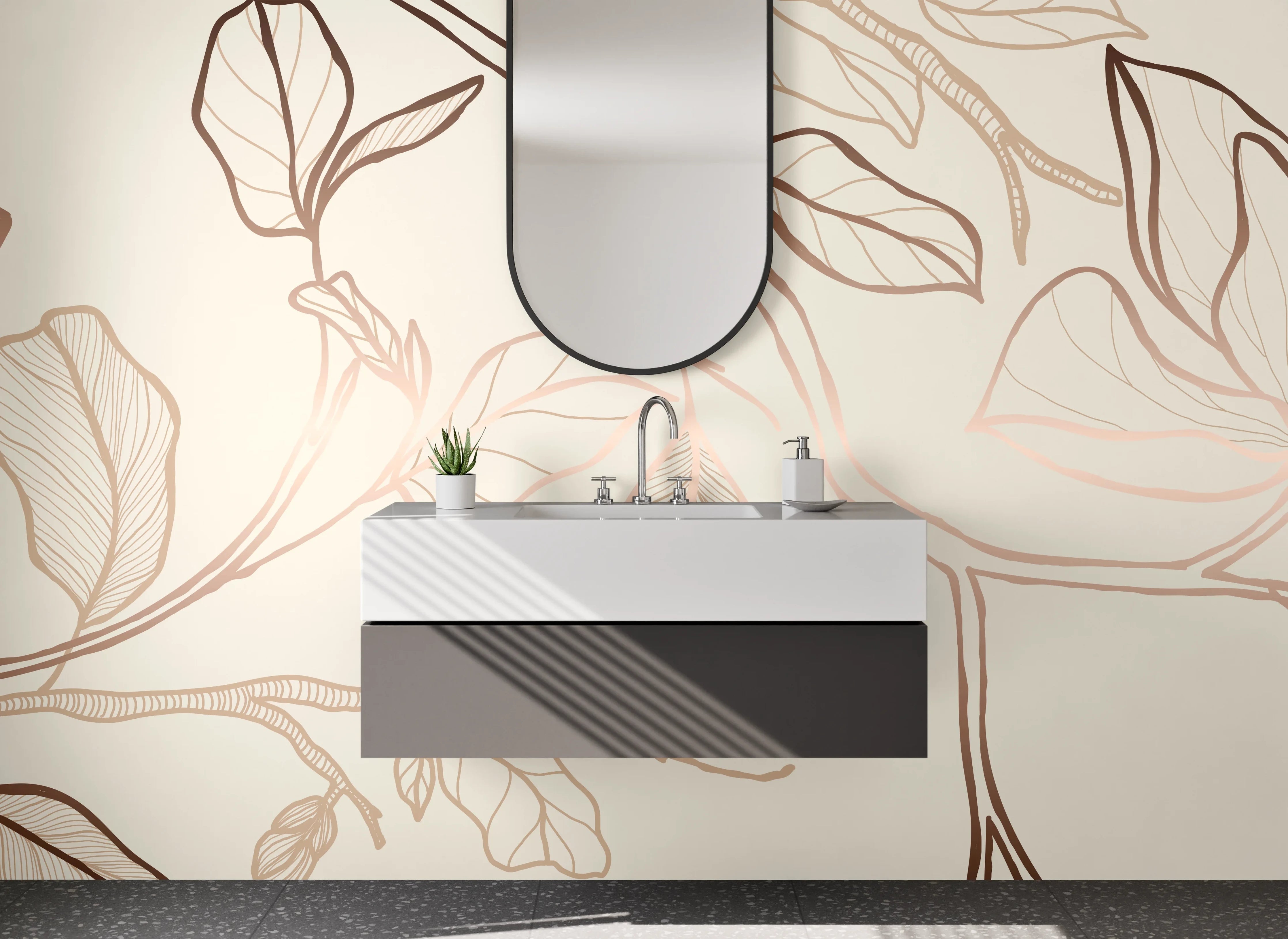 Waschbecken-Rückwand - Lineart Magnolie Blüten Beige Braun