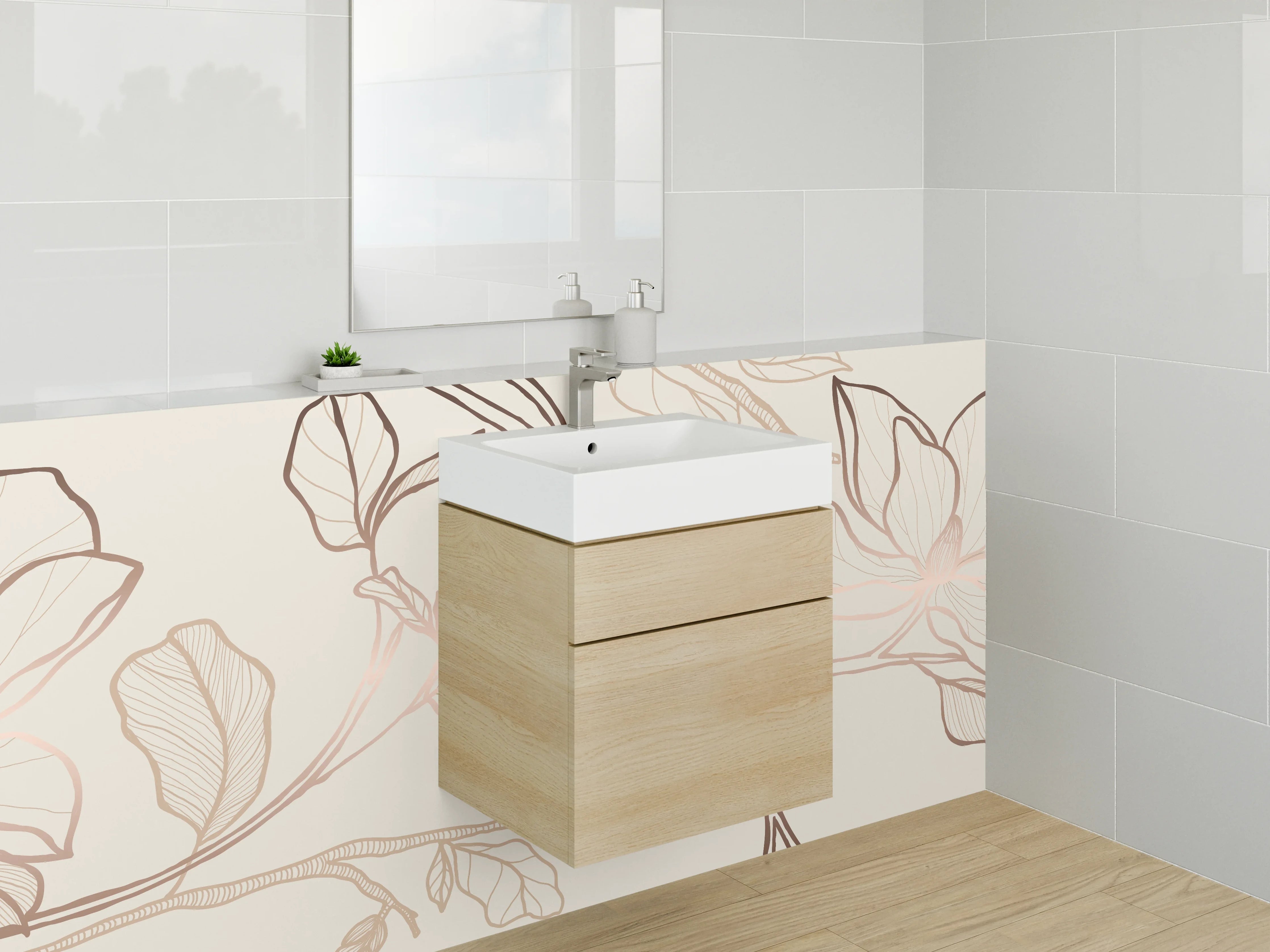 Waschbecken-Rückwand - Lineart Magnolie Blüten Beige Braun