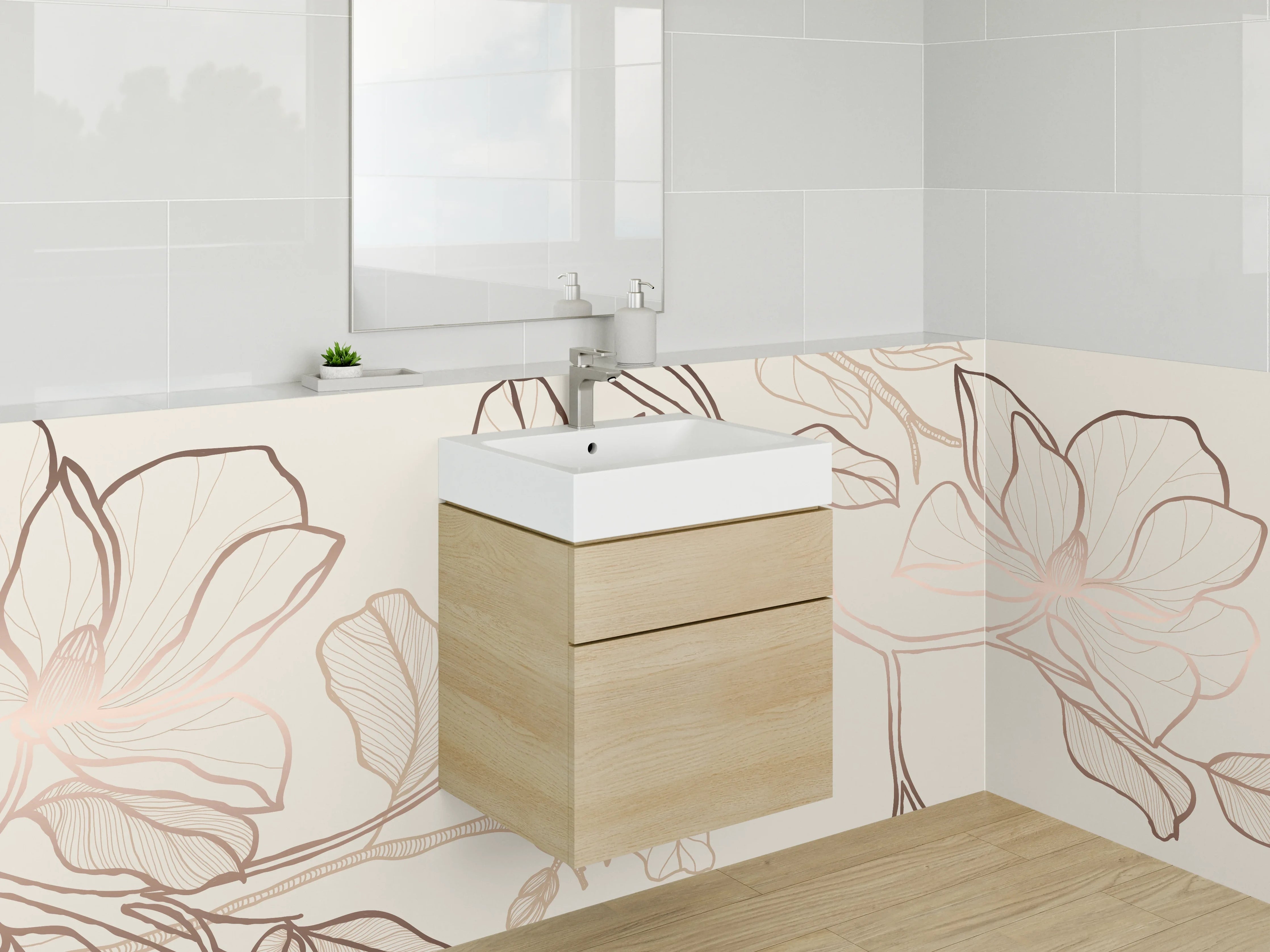 Waschbecken-Rückwand - Lineart Magnolie Blüten Beige Braun