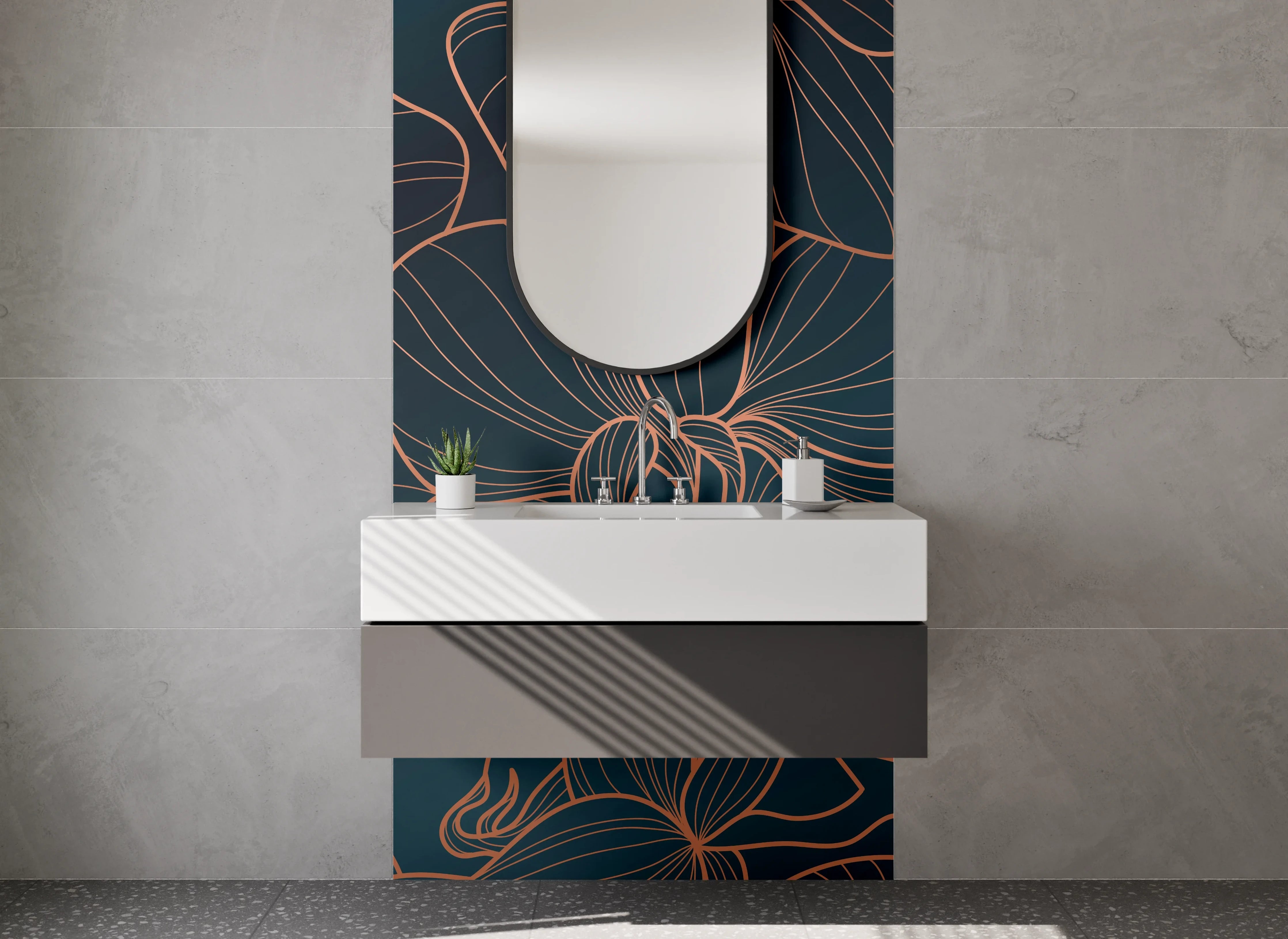 Waschbecken-Rückwand - Lineart-Orchideen in Gold auf Dunkelgrün