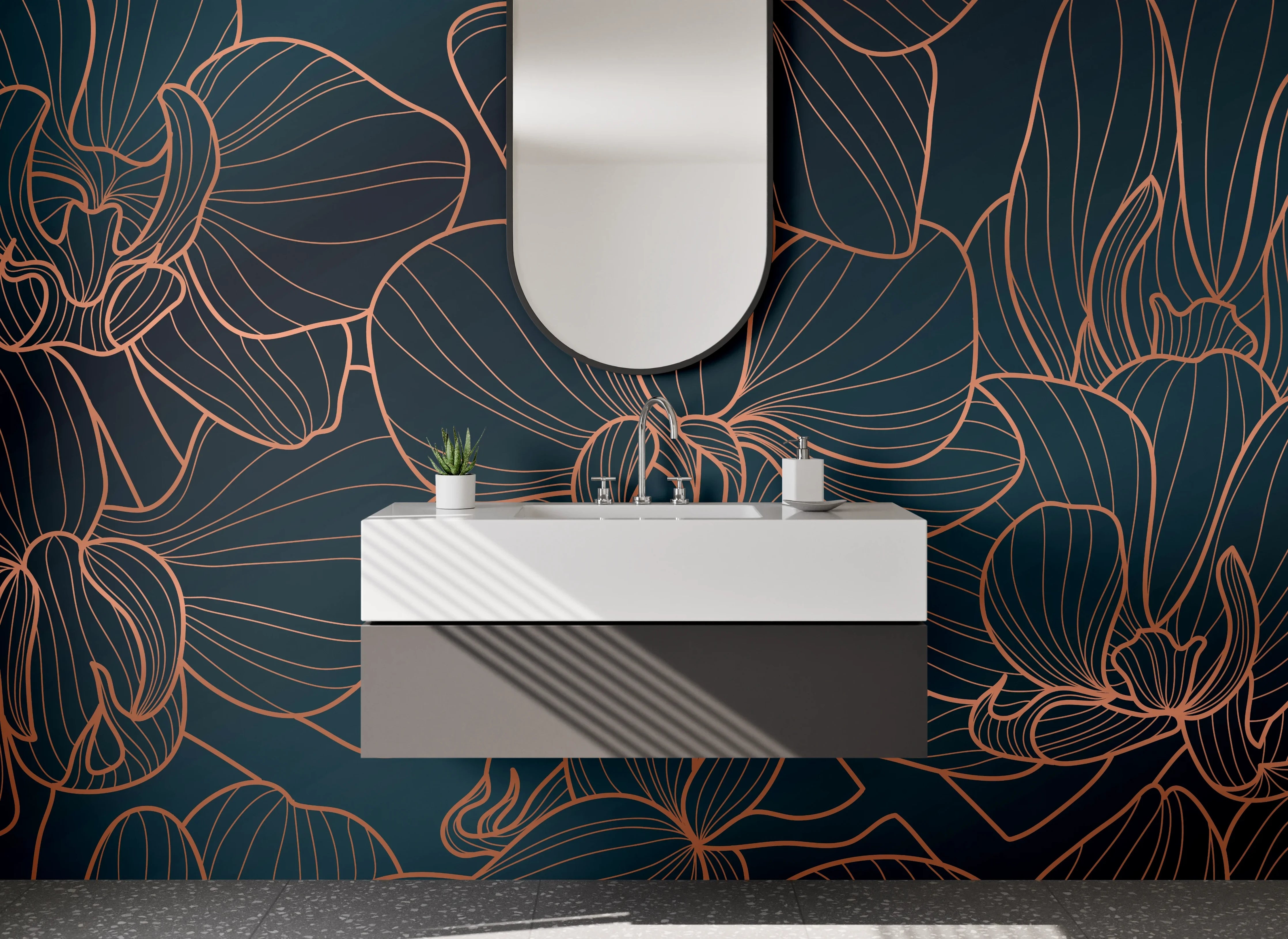 Waschbecken-Rückwand - Lineart-Orchideen in Gold auf Dunkelgrün