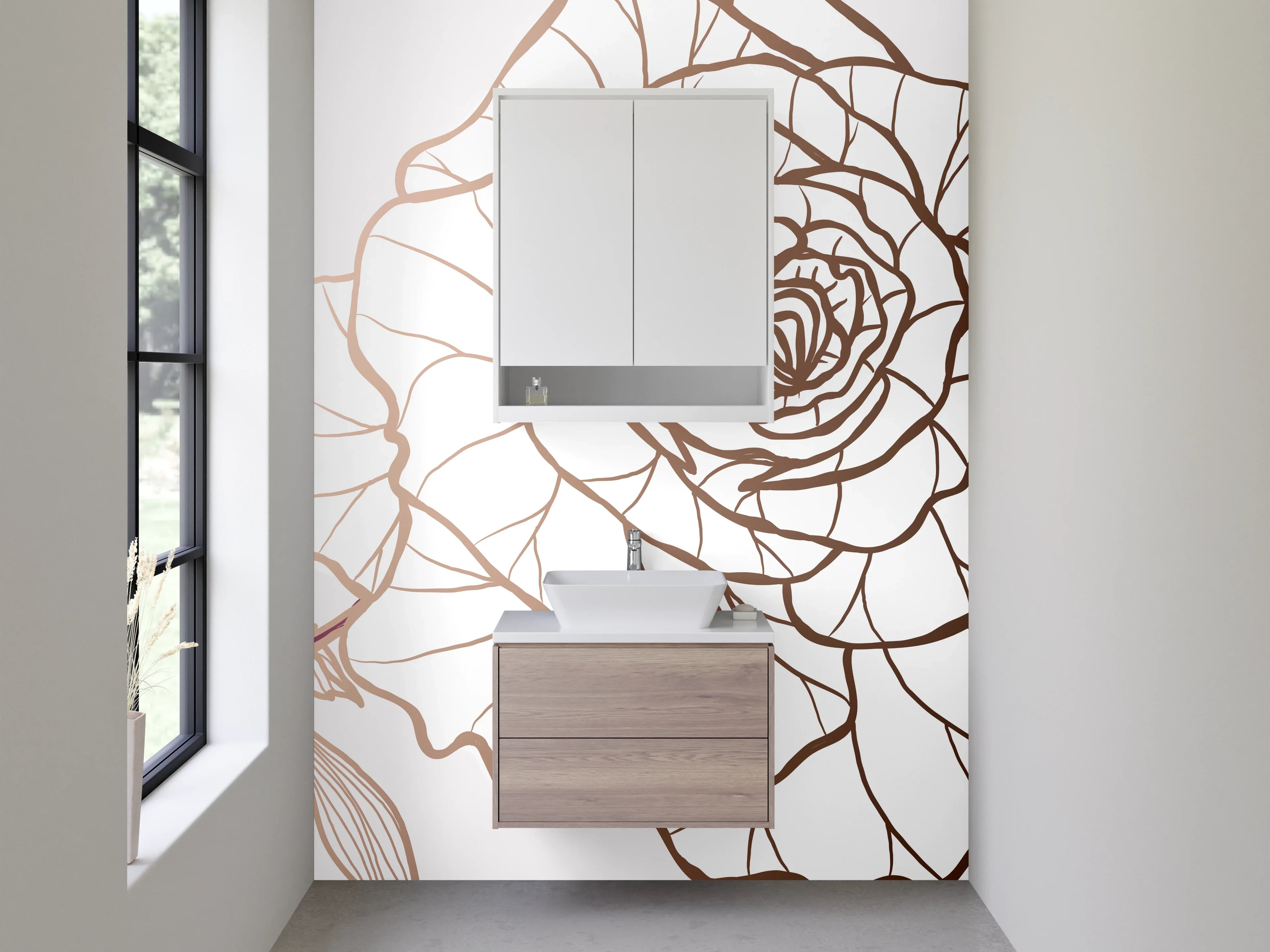 Waschbecken-Rückwand - Lineart Rose Beige Braun Illustration