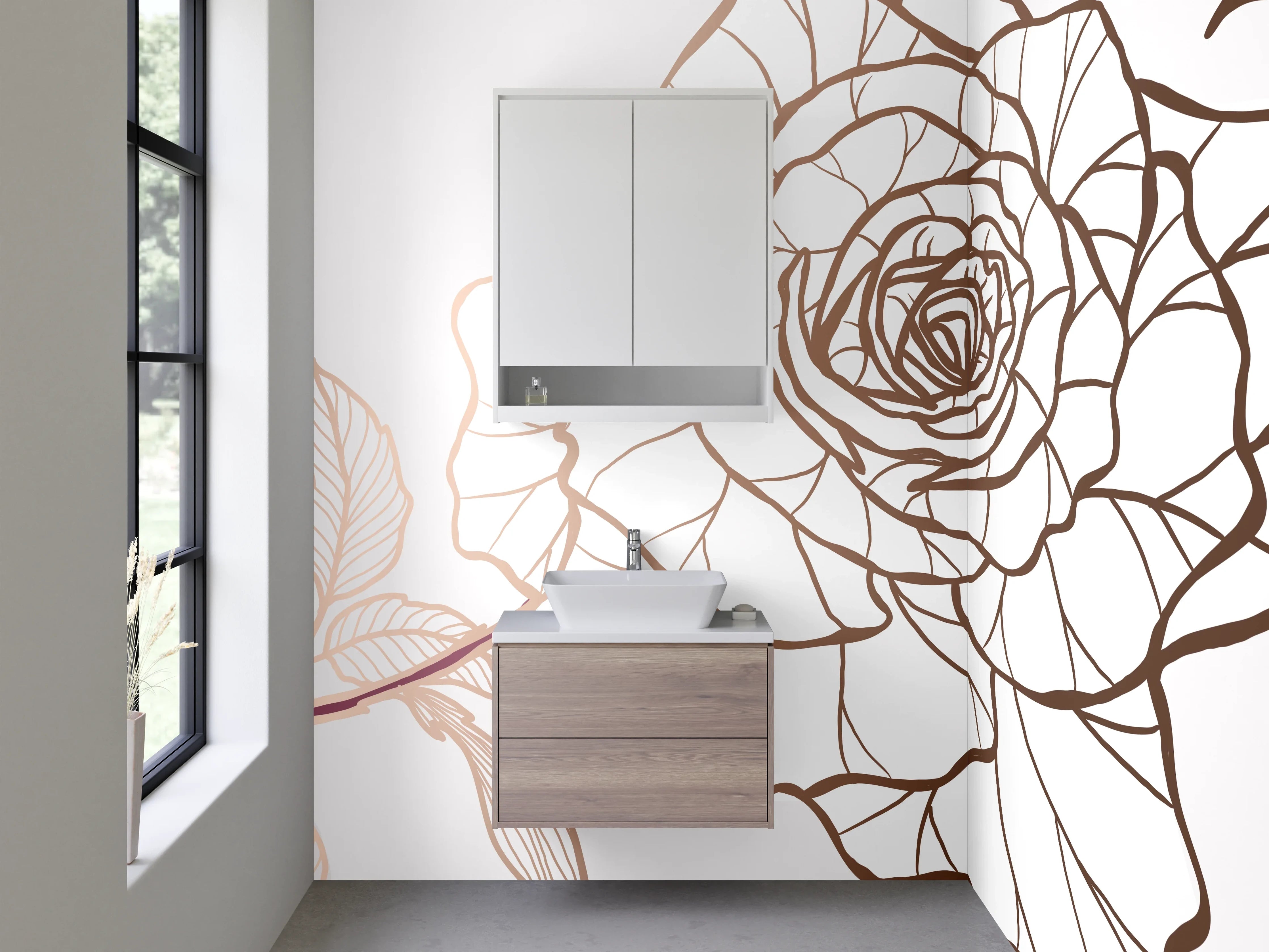 Waschbecken-Rückwand - Lineart Rose Beige Braun Illustration