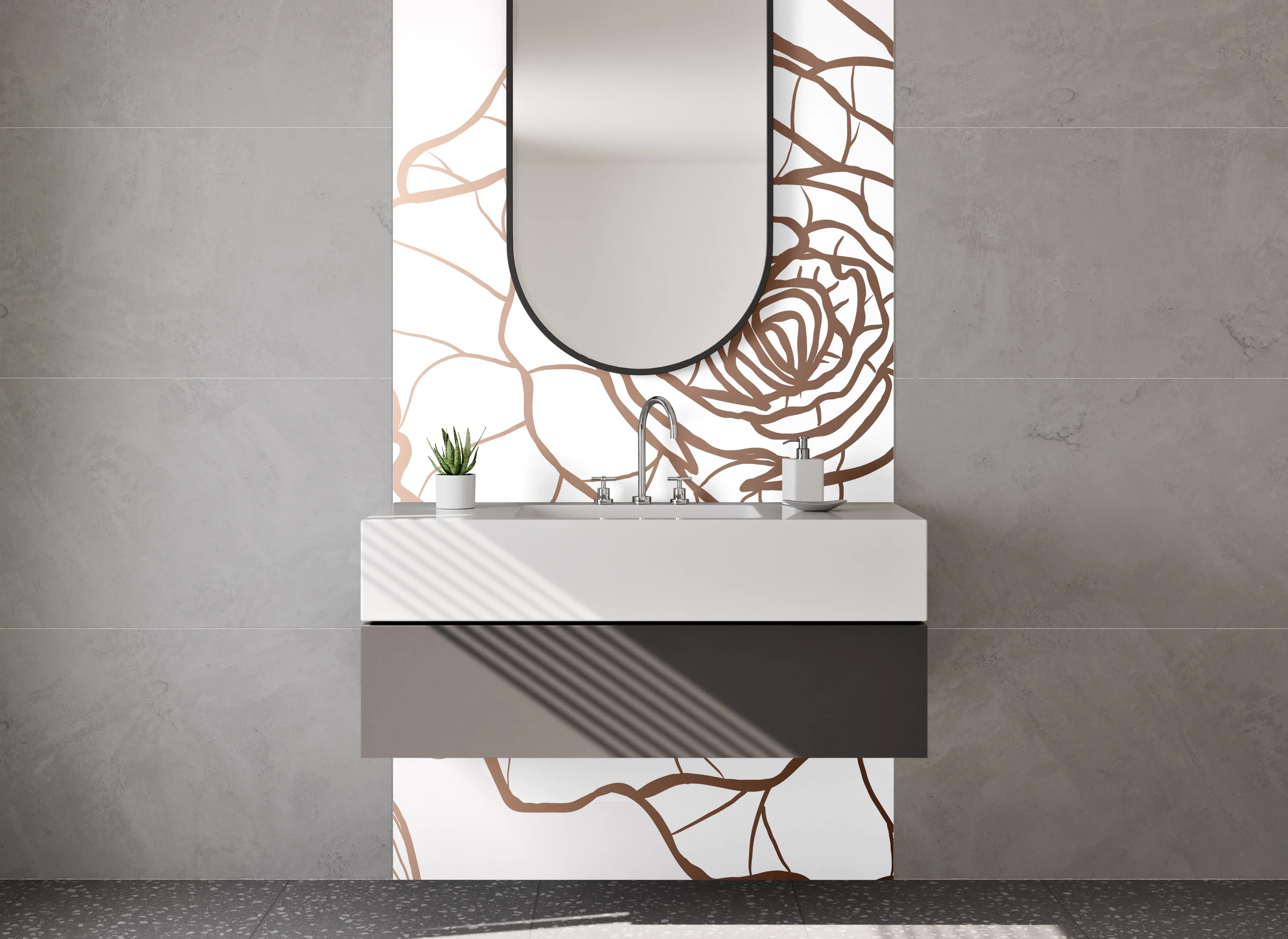 Waschbecken-Rückwand - Lineart Rose Beige Braun Illustration
