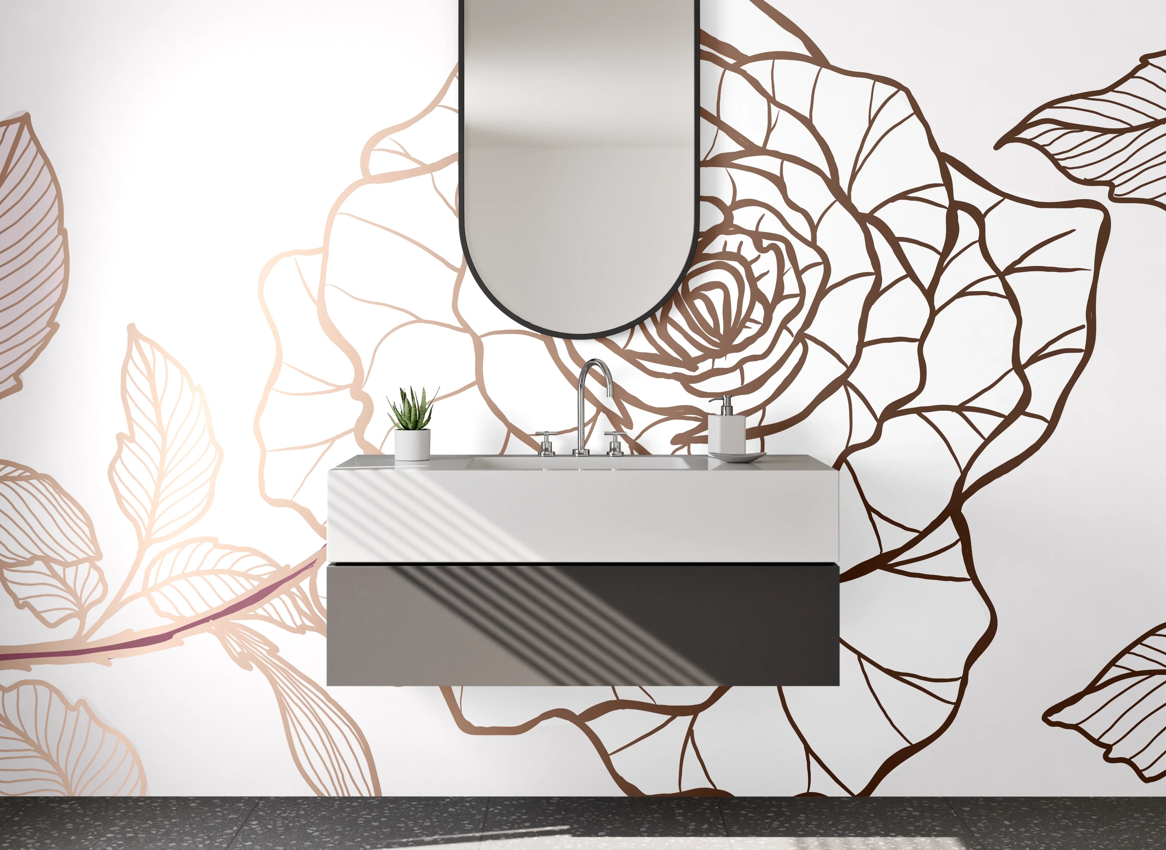 Waschbecken-Rückwand - Lineart Rose Beige Braun Illustration