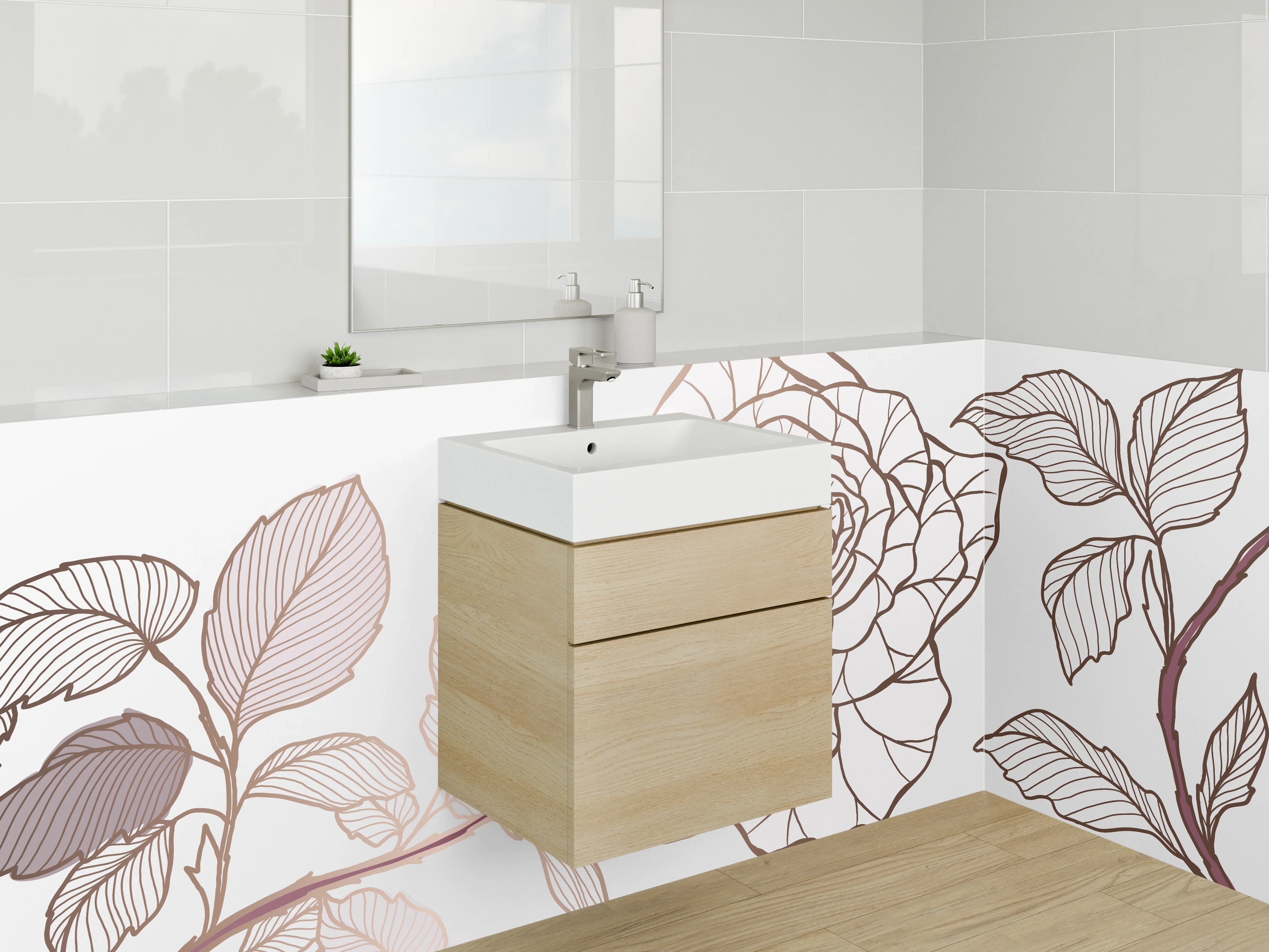 Waschbecken-Rückwand - Lineart Rose Beige Braun Illustration