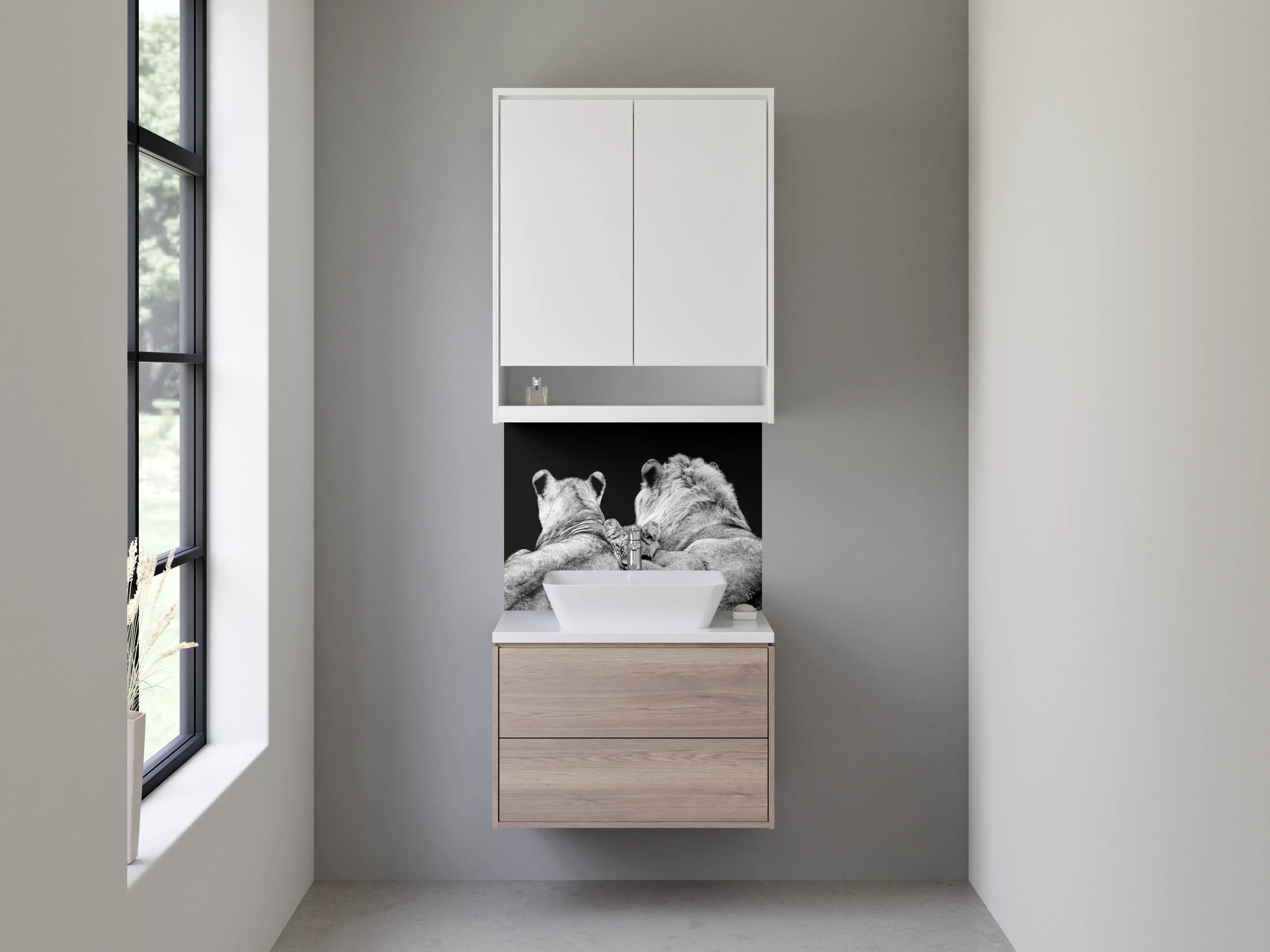 Waschbecken-Rückwand - Löwenfamilie Schwarz-Weiß Kunstfoto