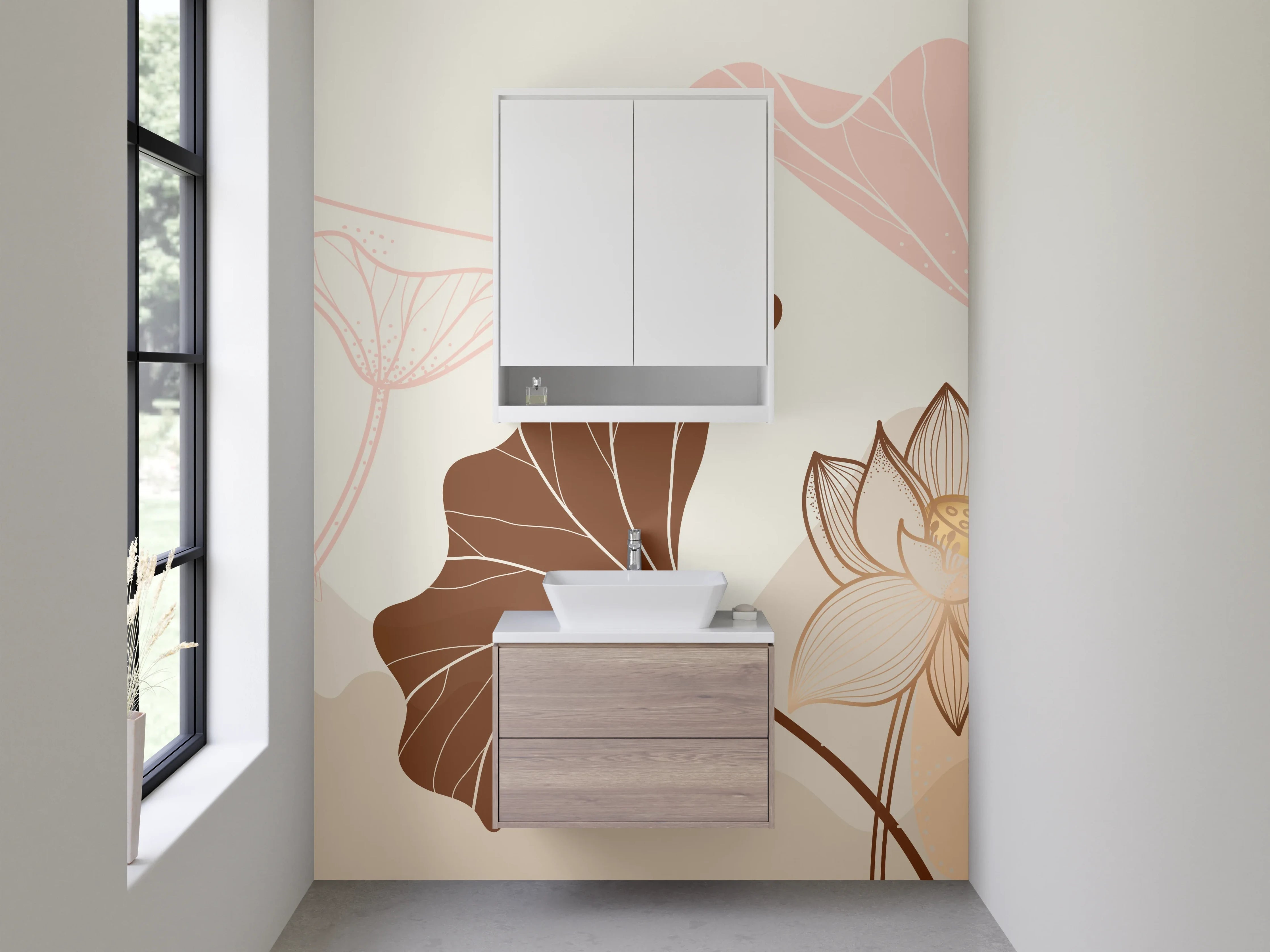 Waschbecken-Rückwand - Lotus Blumen Lineart Beige Braun