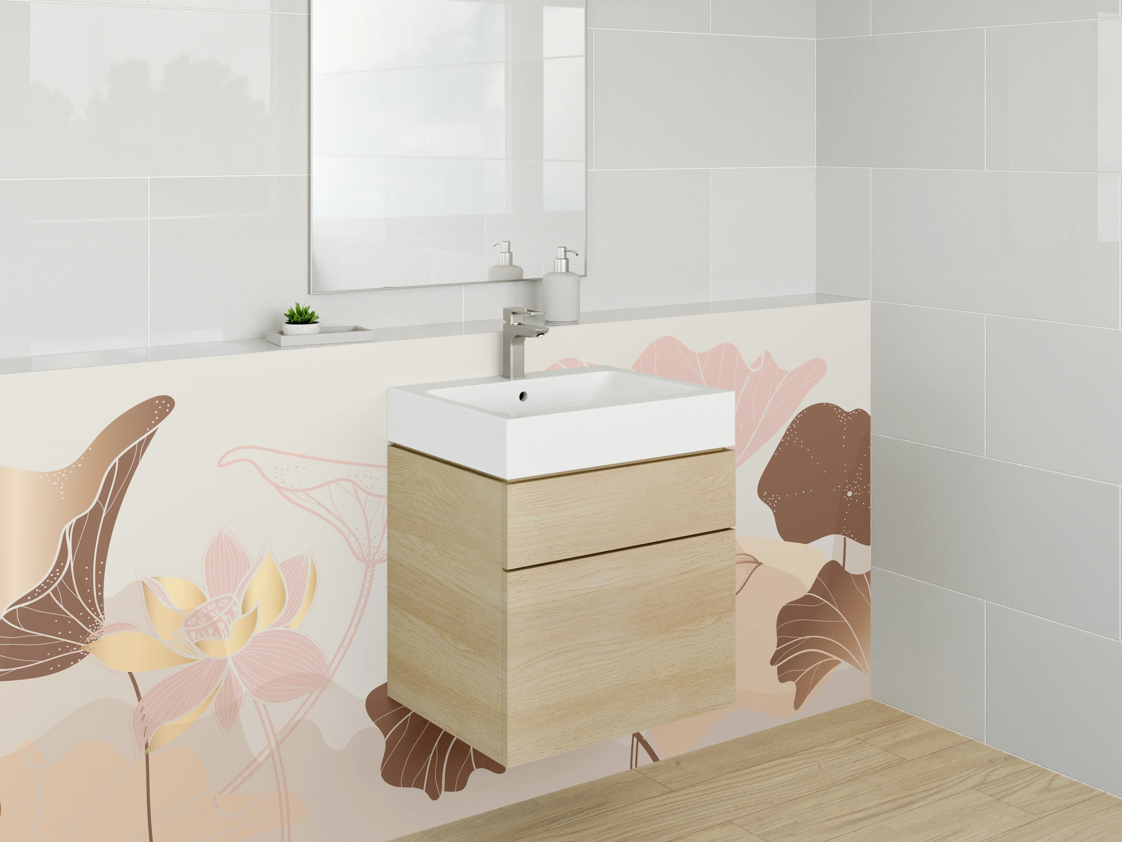 Waschbecken-Rückwand - Lotus Blumen Lineart Beige Braun