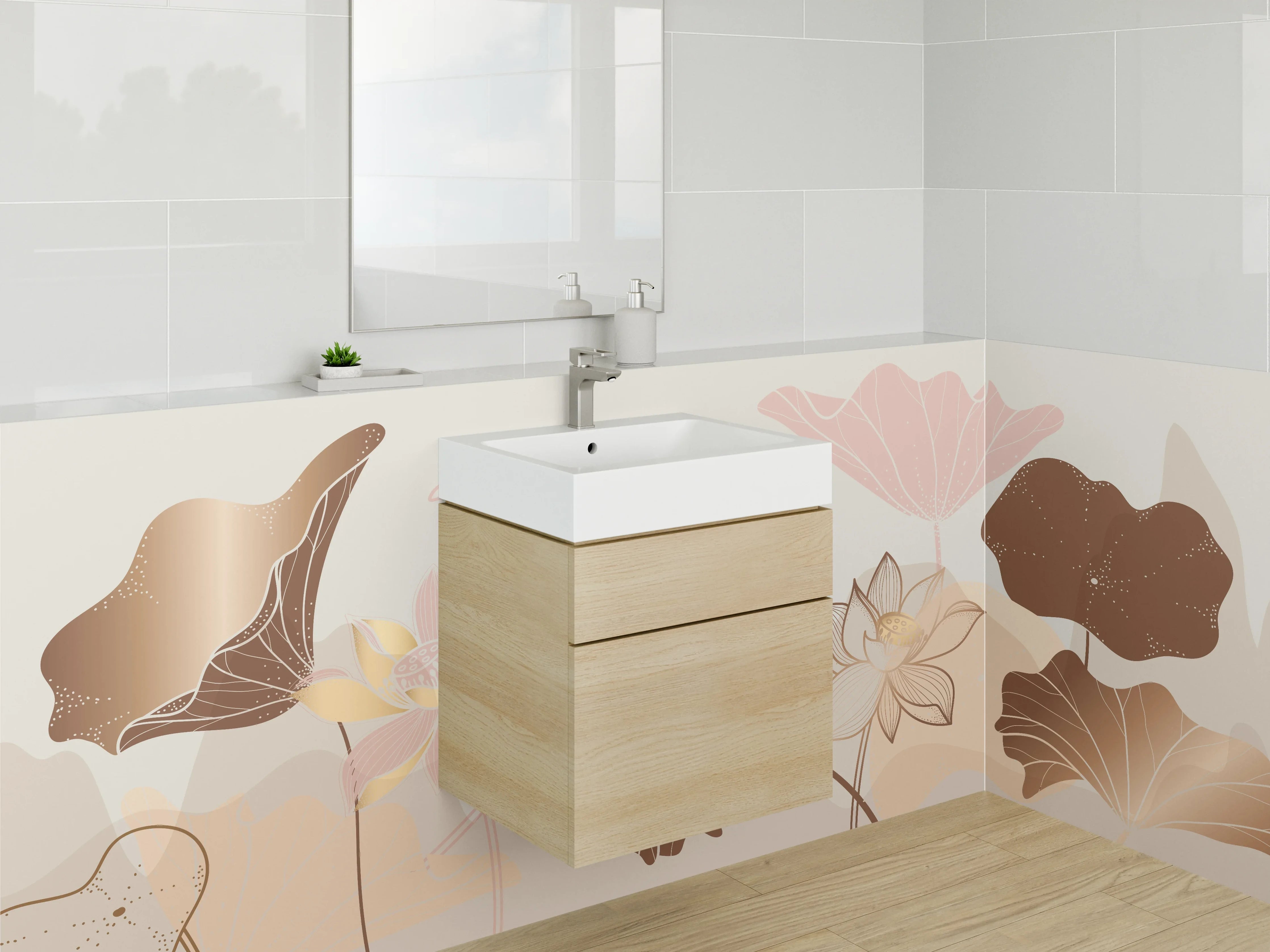 Waschbecken-Rückwand - Lotus Blumen Lineart Beige Braun