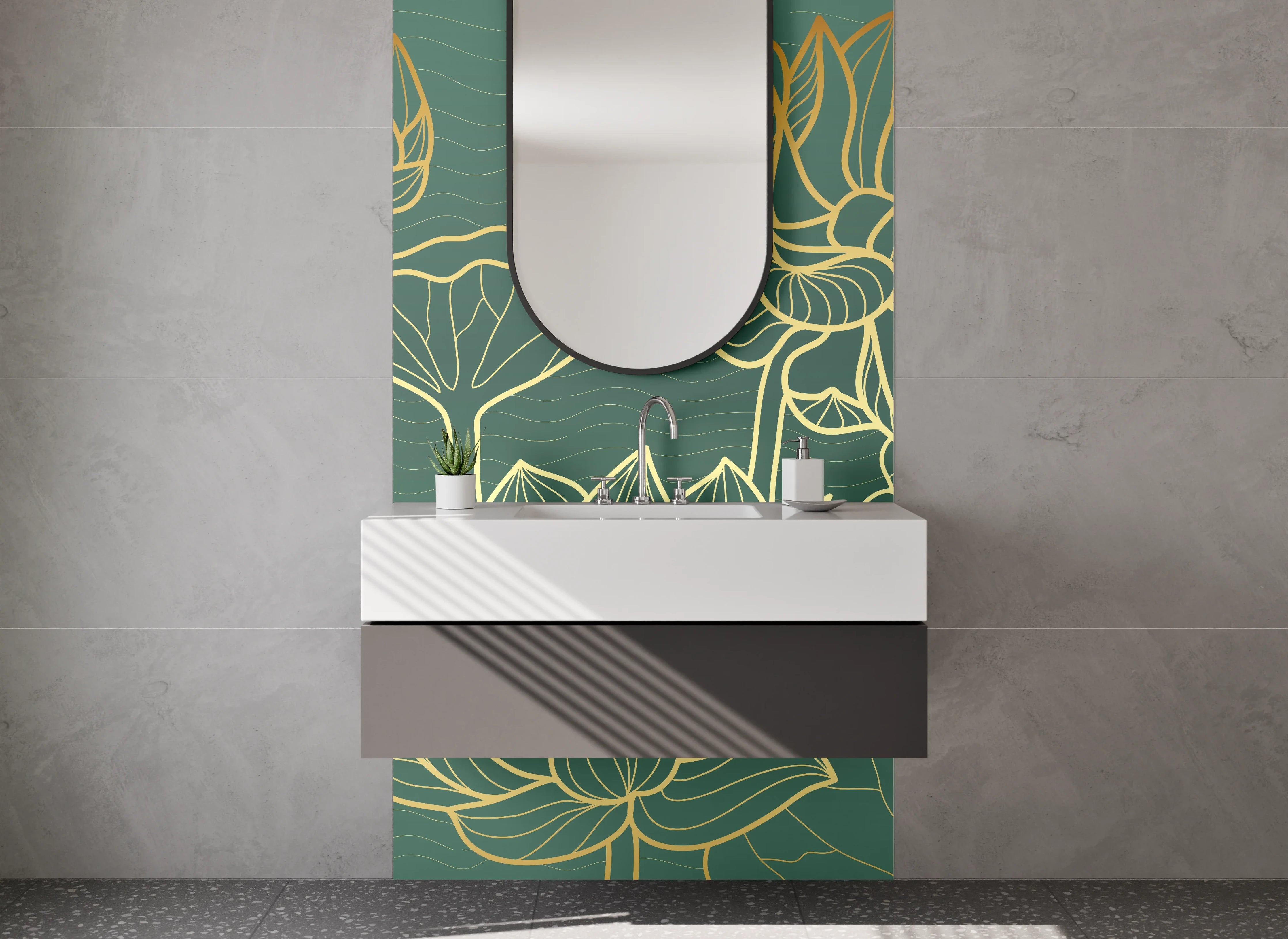 Waschbecken-Rückwand - Lotus Lineart Design Grün-Gold