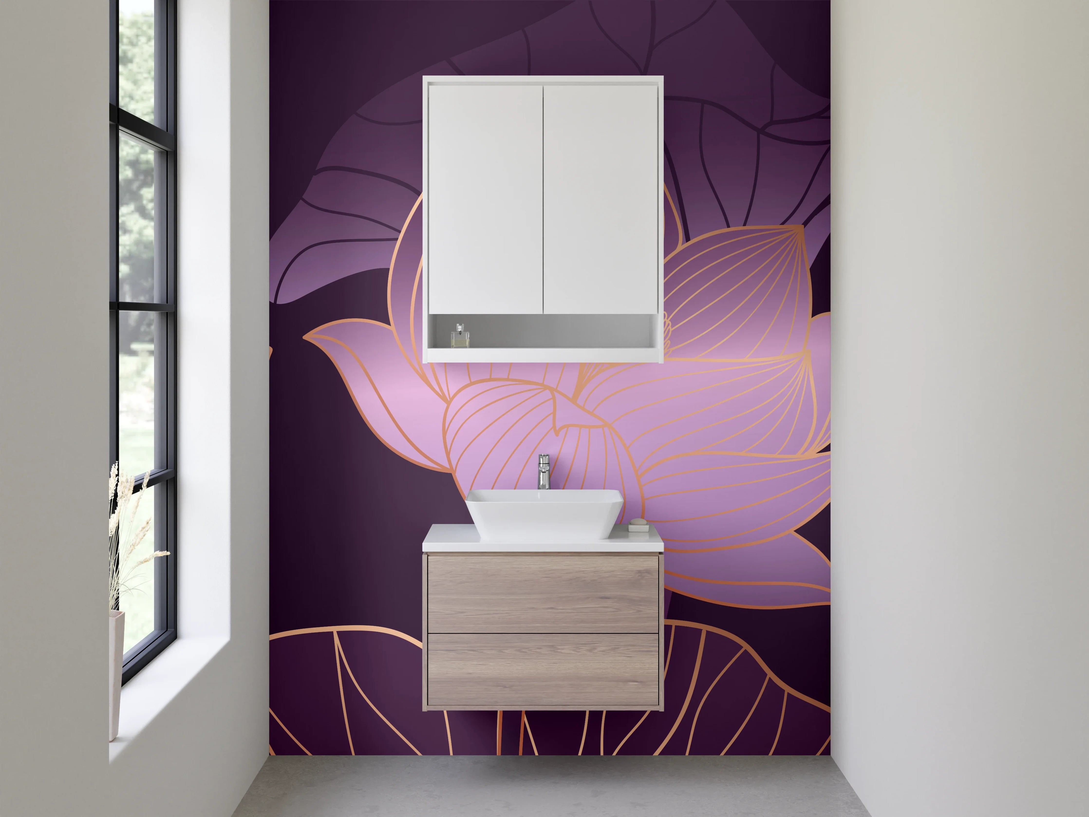 Waschbecken-Rückwand - Lotusblüten Aquarell Goldlinien Eleganz
