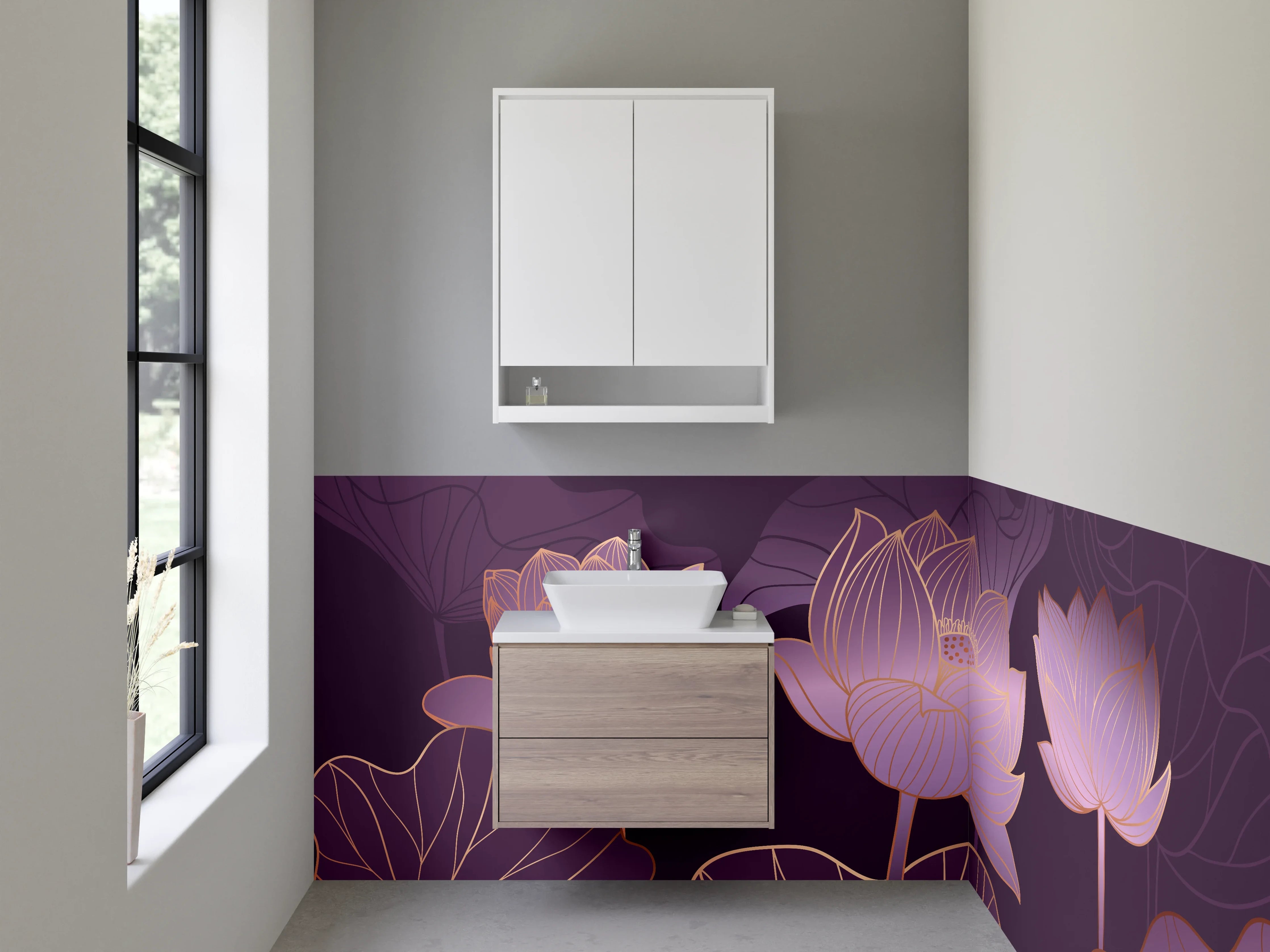 Waschbecken-Rückwand - Lotusblüten Aquarell Goldlinien Eleganz