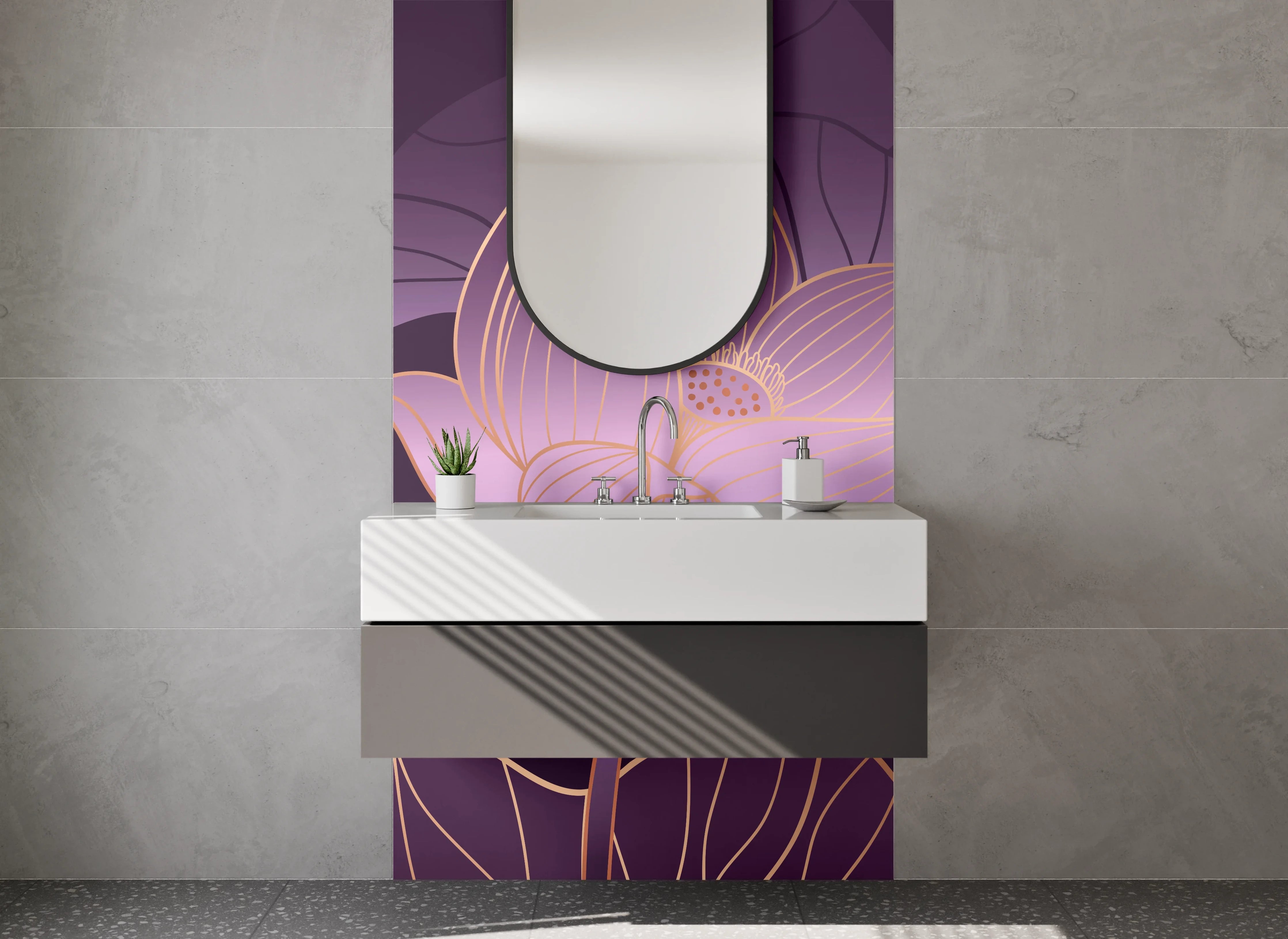 Waschbecken-Rückwand - Lotusblüten Aquarell Goldlinien Eleganz
