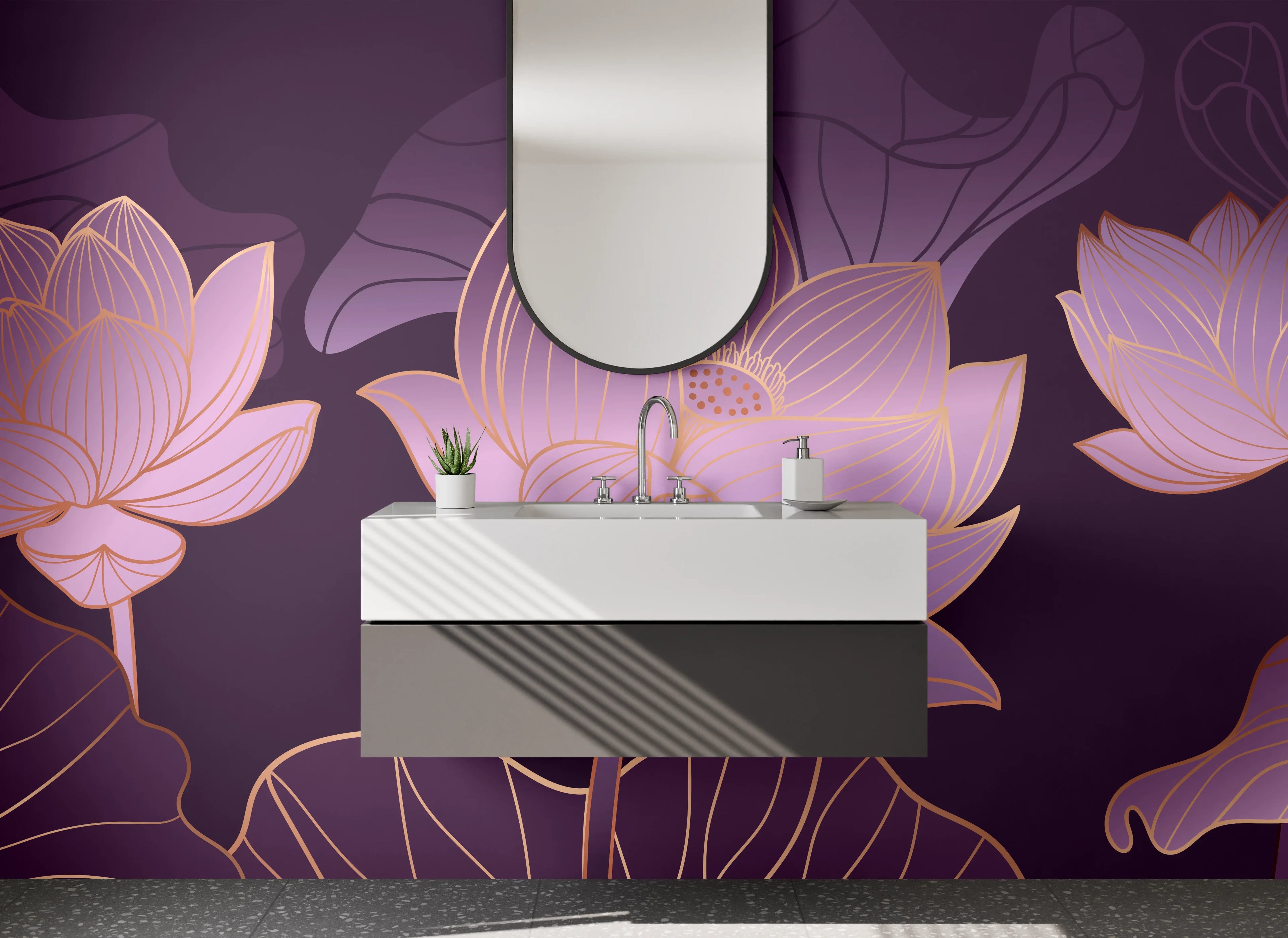 Waschbecken-Rückwand - Lotusblüten Aquarell Goldlinien Eleganz