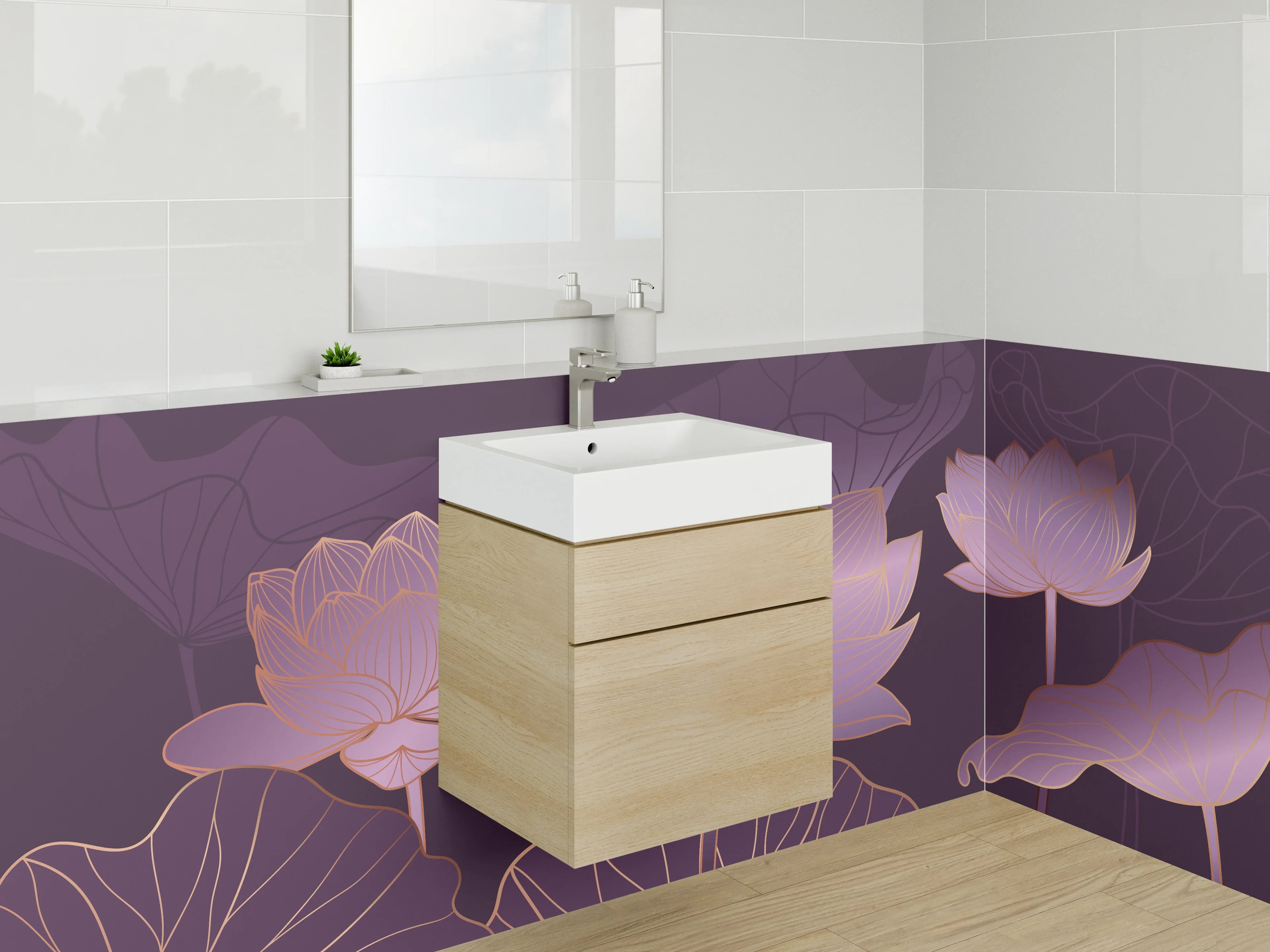 Waschbecken-Rückwand - Lotusblüten Aquarell Goldlinien Eleganz