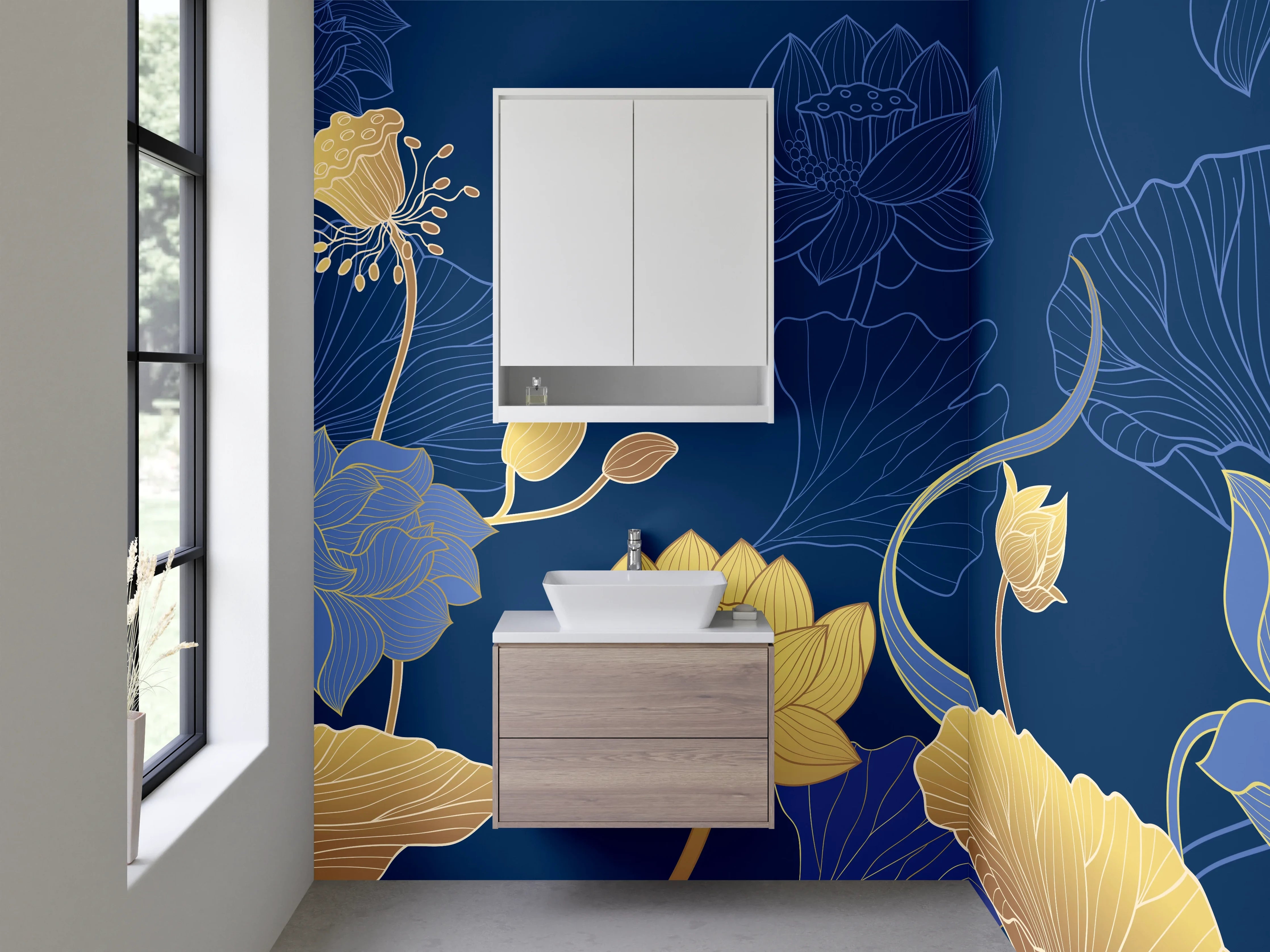 Waschbecken-Rückwand - Lotusblüten Gold Blau Modern