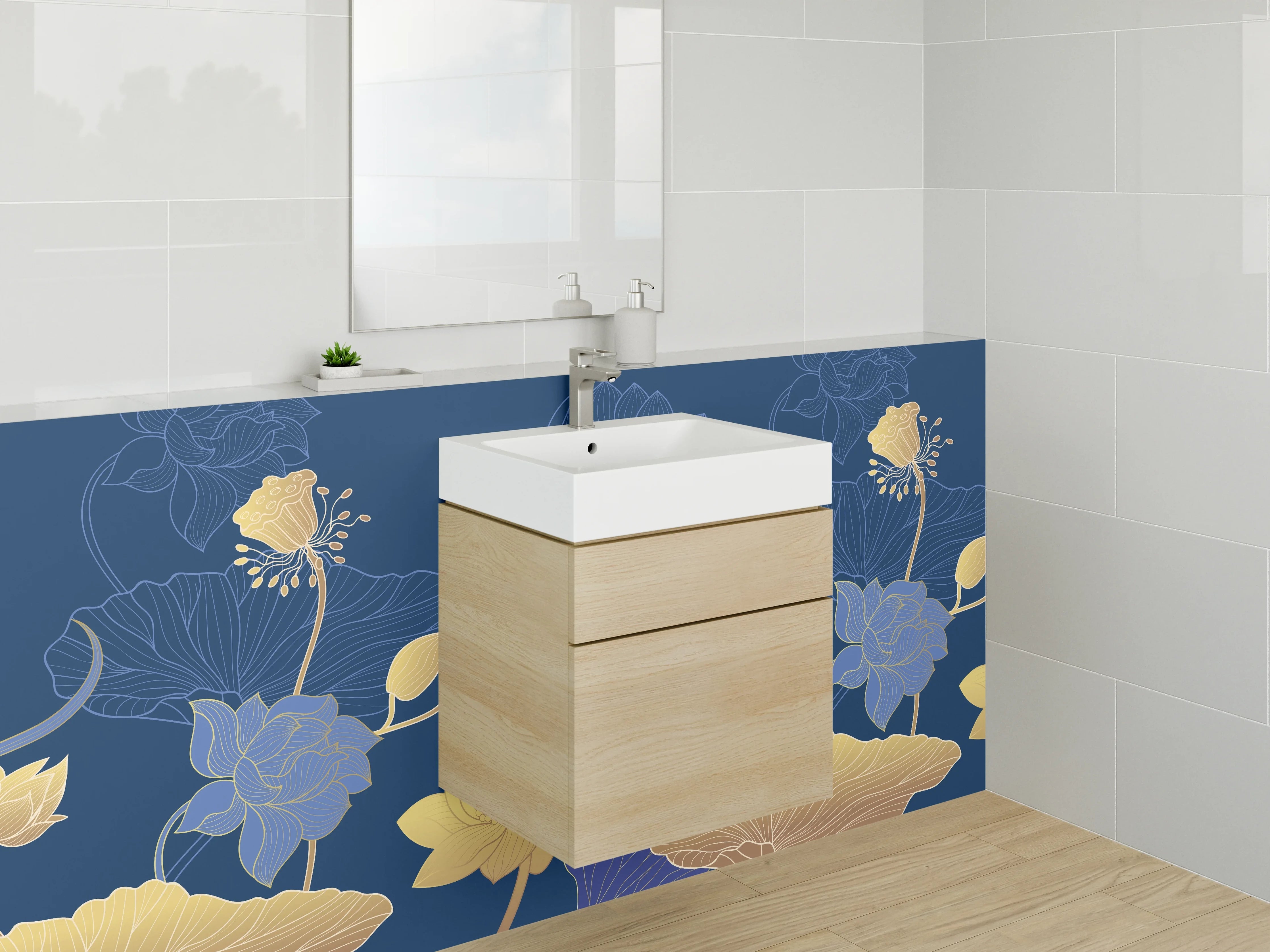 Waschbecken-Rückwand - Lotusblüten Gold Blau Modern