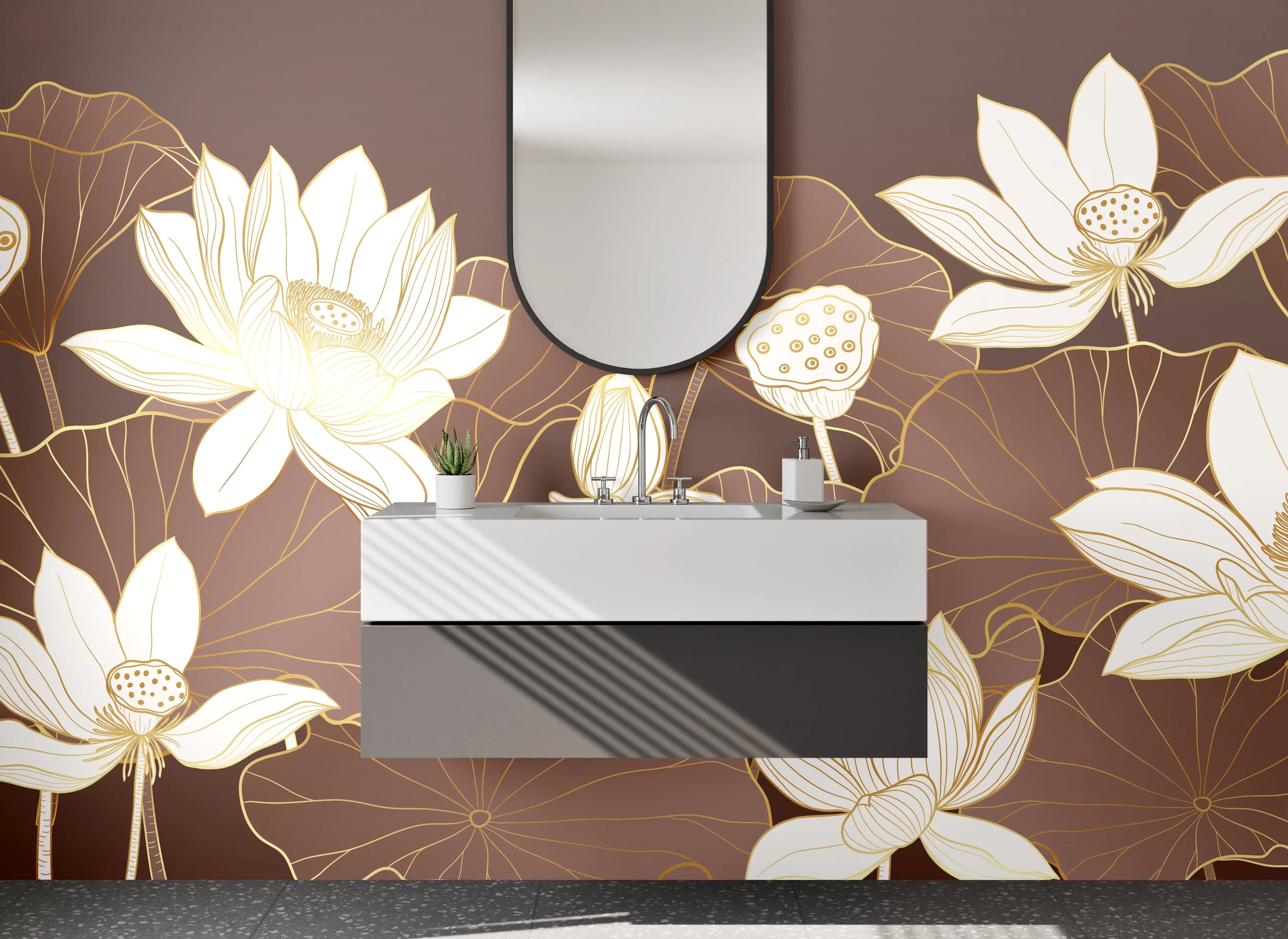 Waschbecken-Rückwand - Lotusblüten Lineart auf Braun