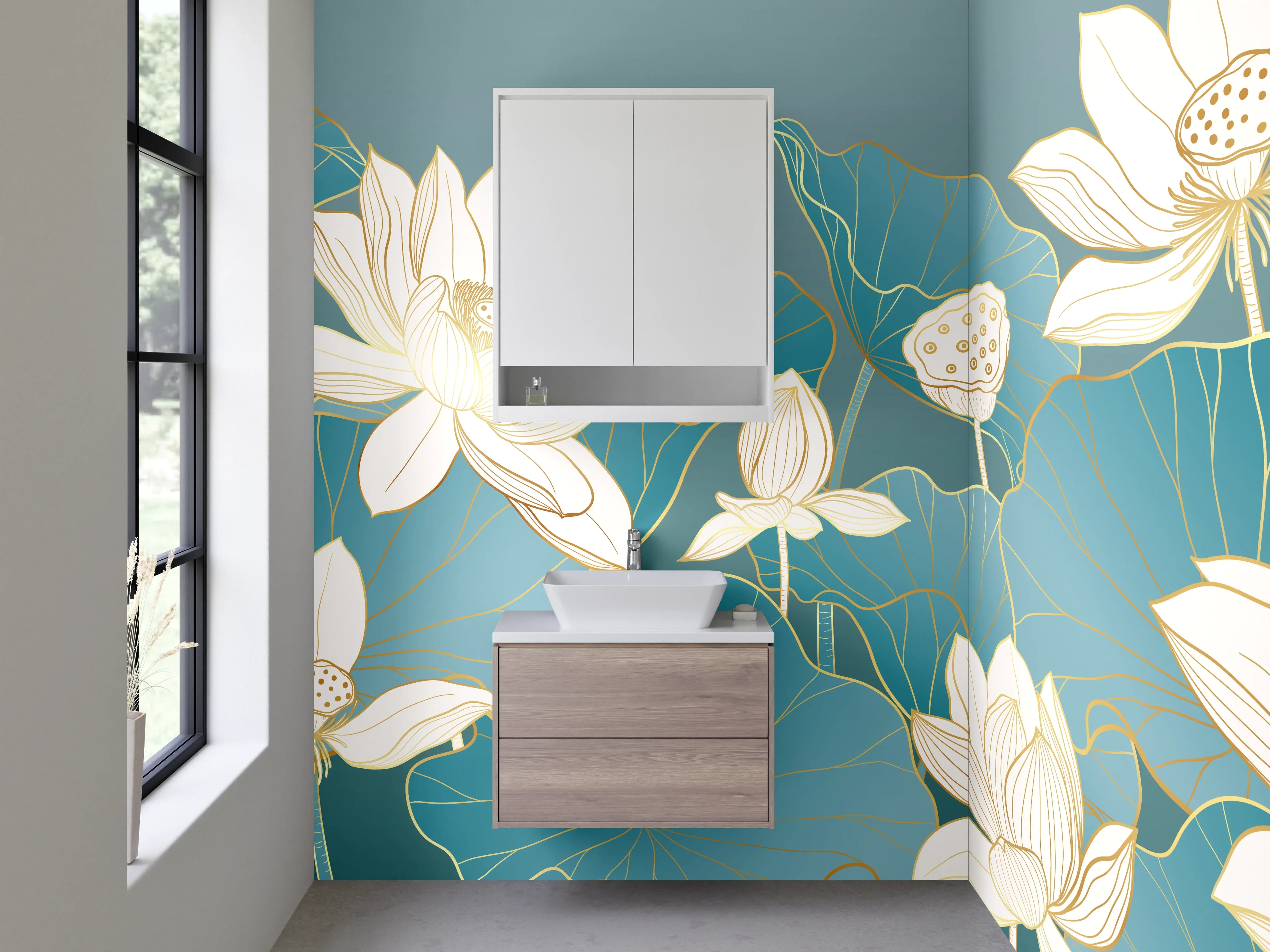 Waschbecken-Rückwand - Lotusblüten auf Türkis – Aquarell-Optik
