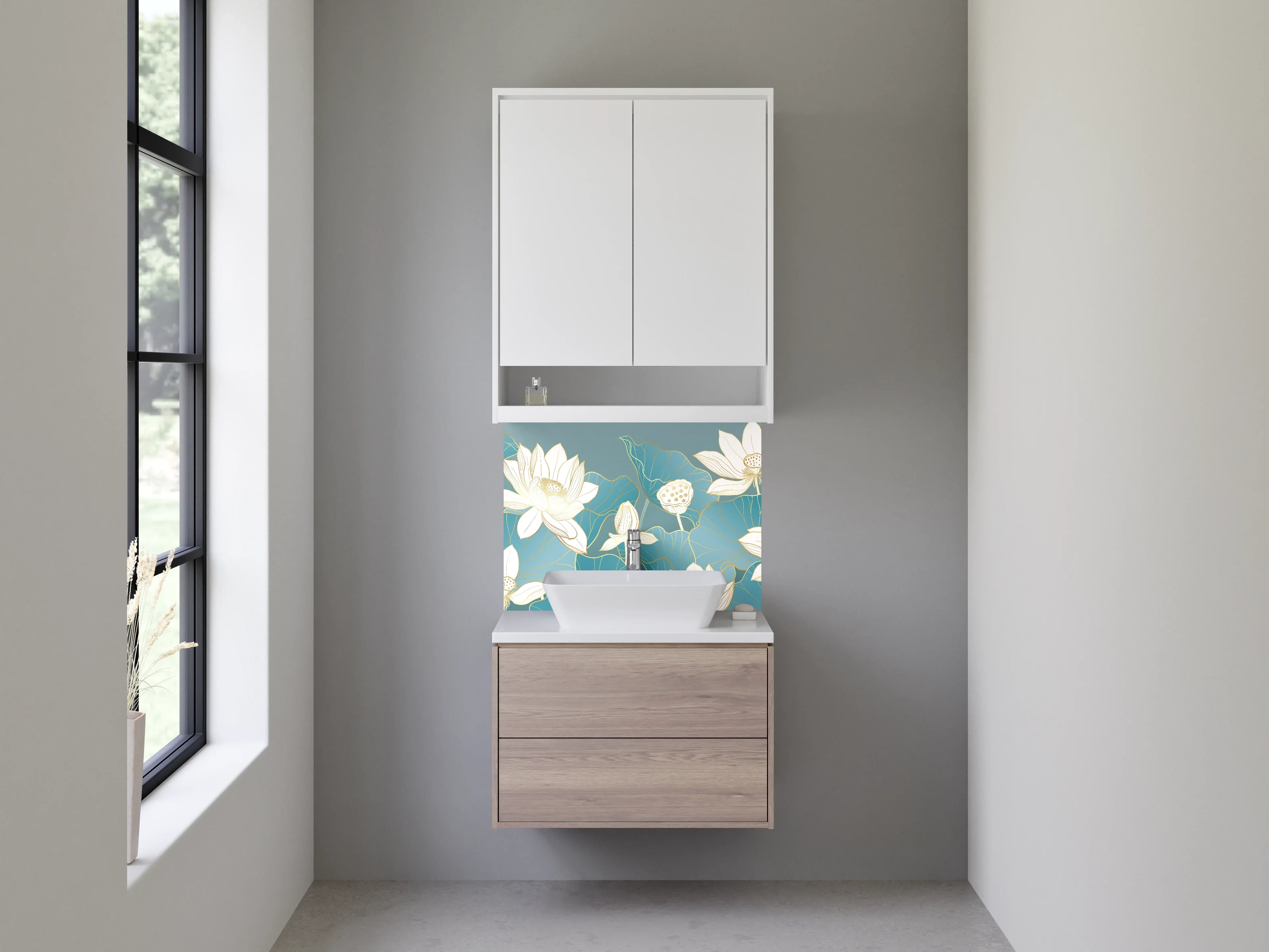 Waschbecken-Rückwand - Lotusblüten auf Türkis – Aquarell-Optik