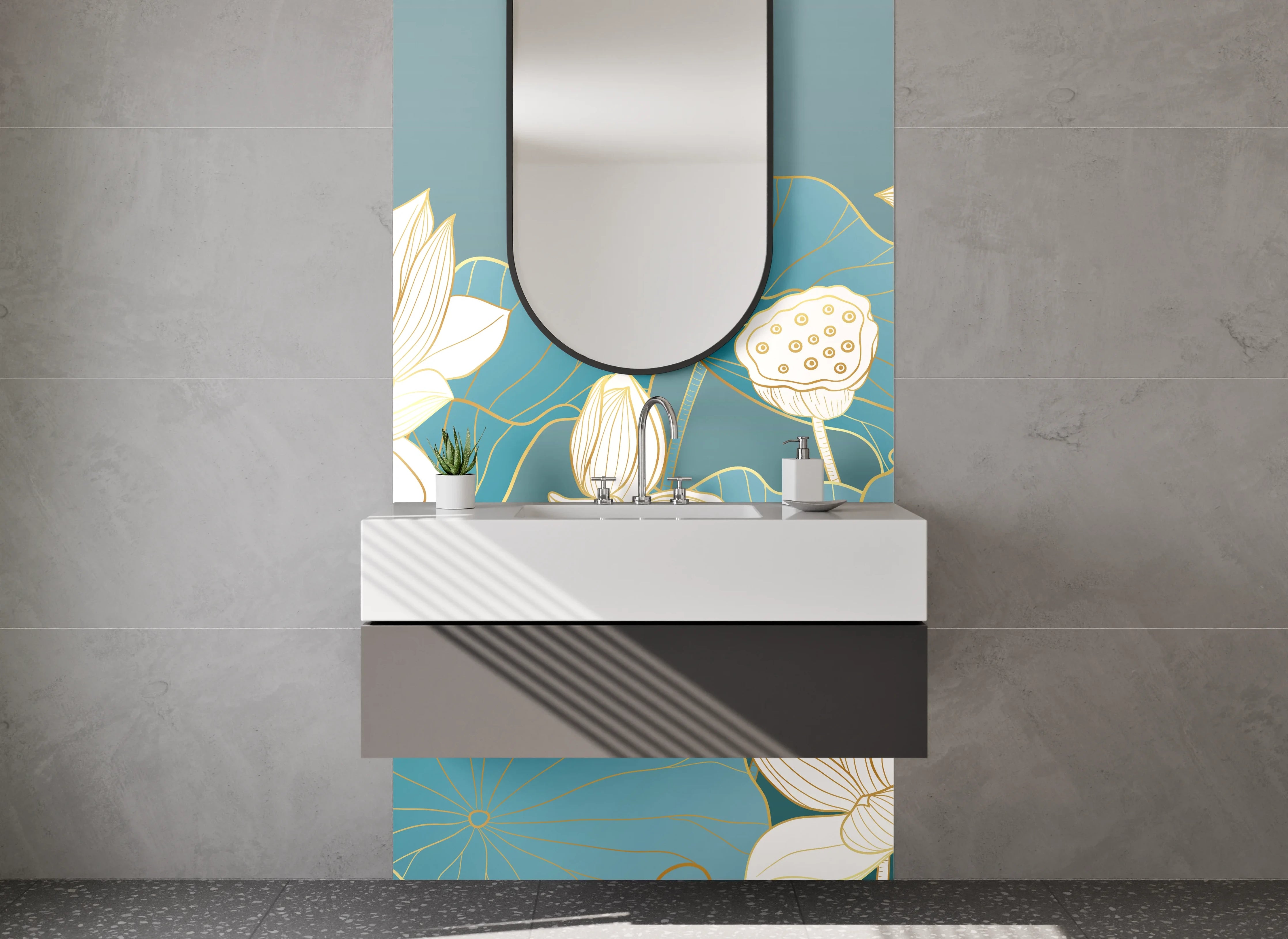 Waschbecken-Rückwand - Lotusblüten auf Türkis – Aquarell-Optik