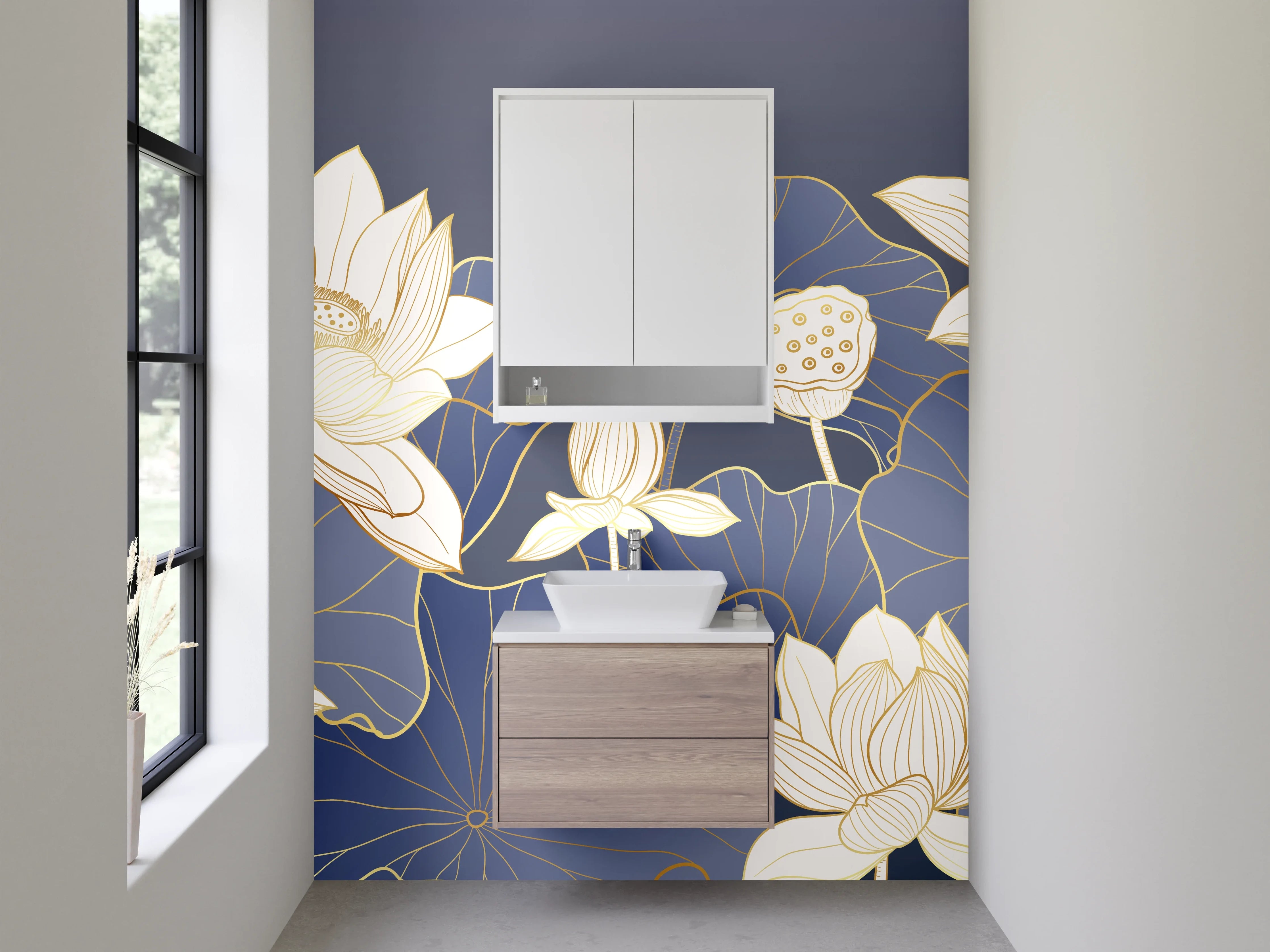 Waschbecken-Rückwand - Lotusblüten auf dunklem Blau