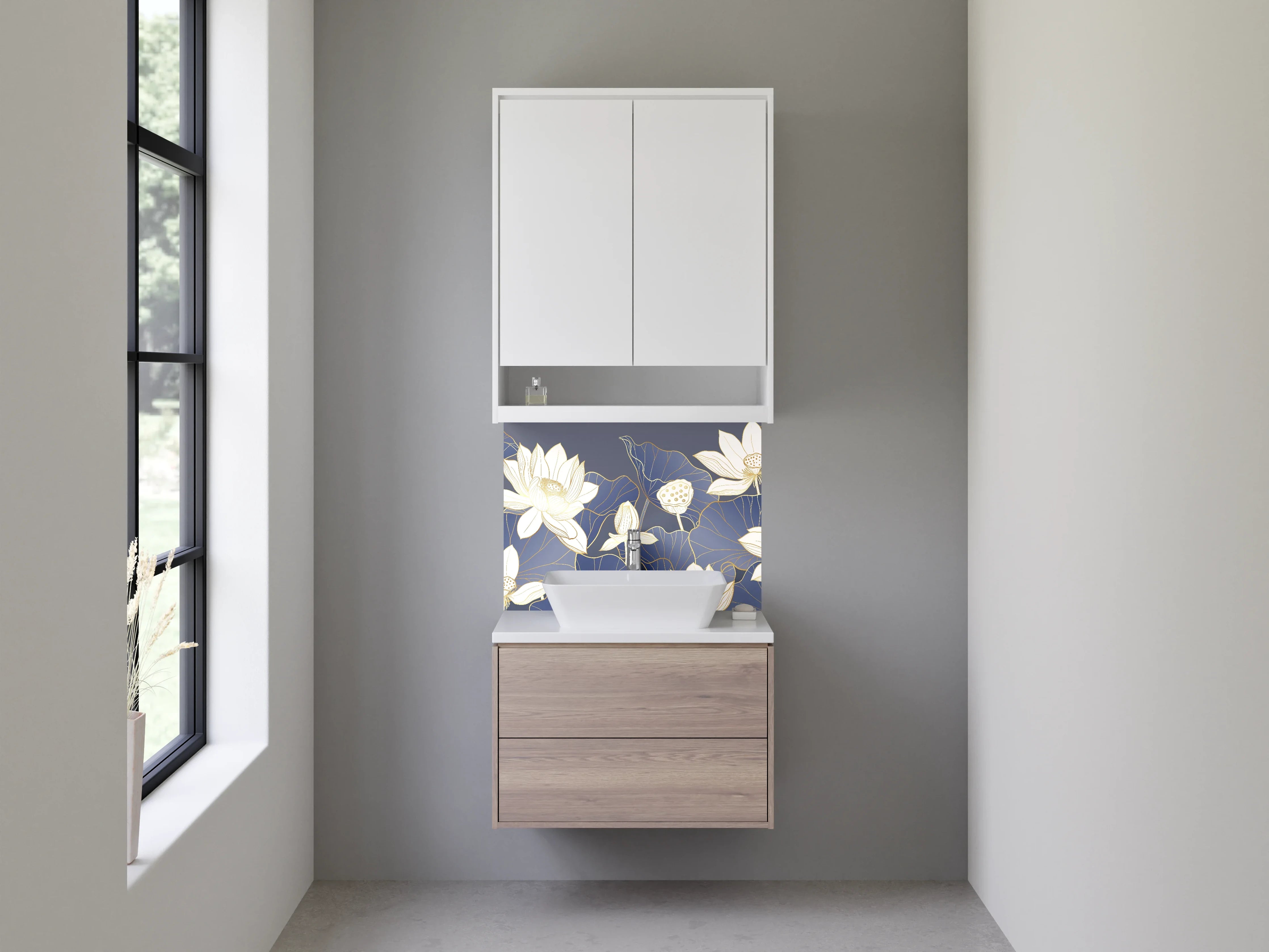 Waschbecken-Rückwand - Lotusblüten auf dunklem Blau