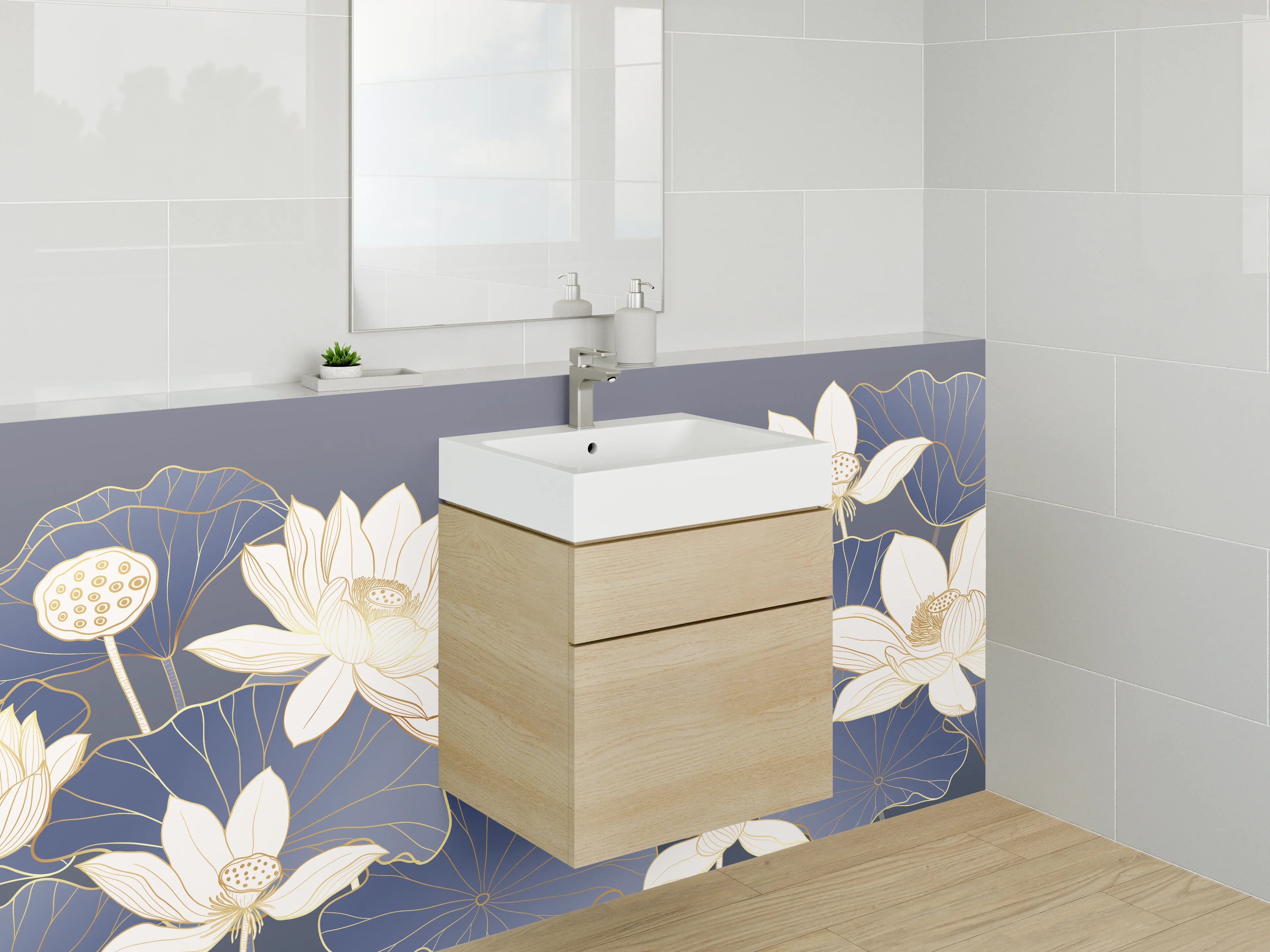 Waschbecken-Rückwand - Lotusblüten auf dunklem Blau