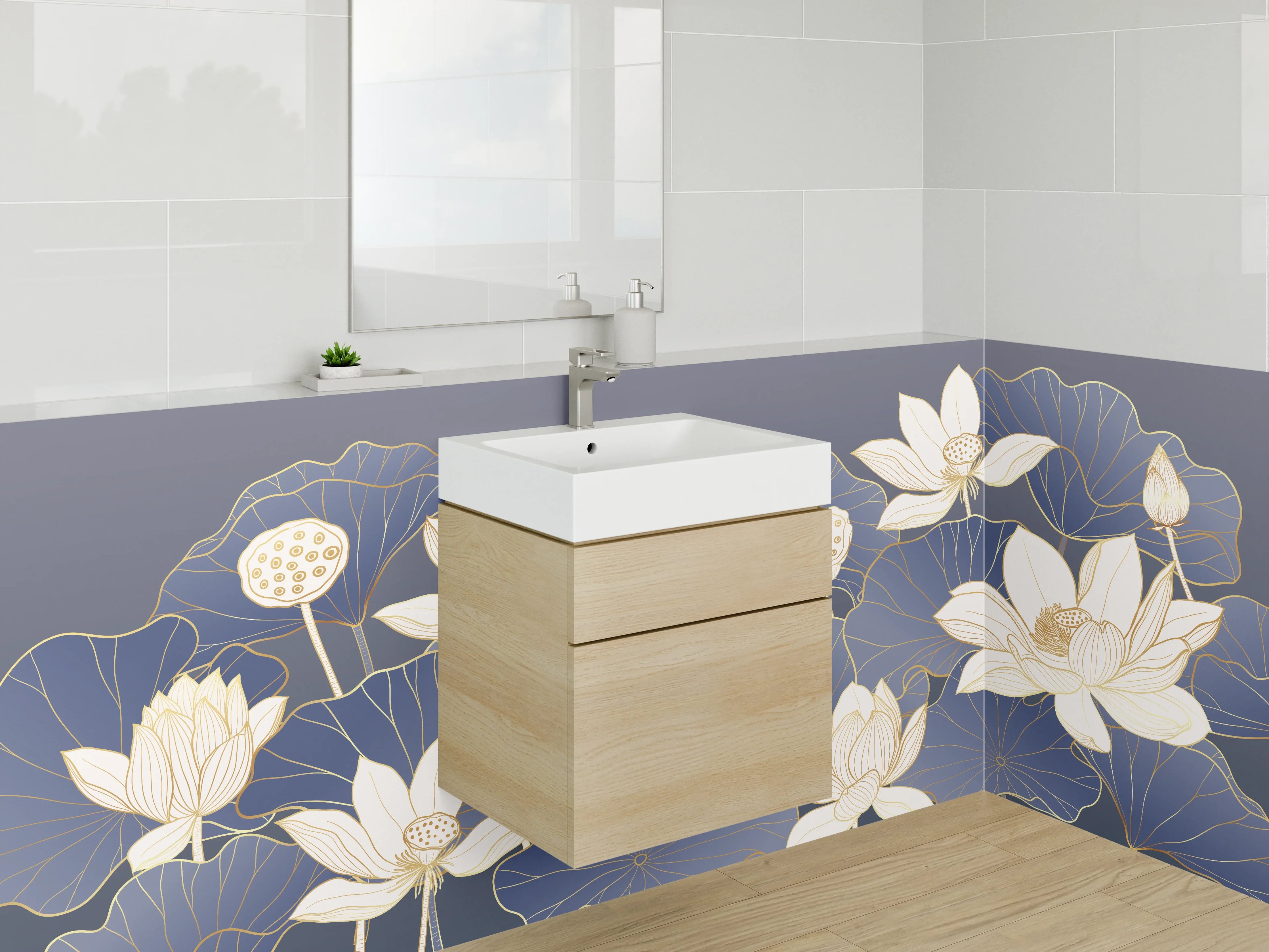 Waschbecken-Rückwand - Lotusblüten auf dunklem Blau