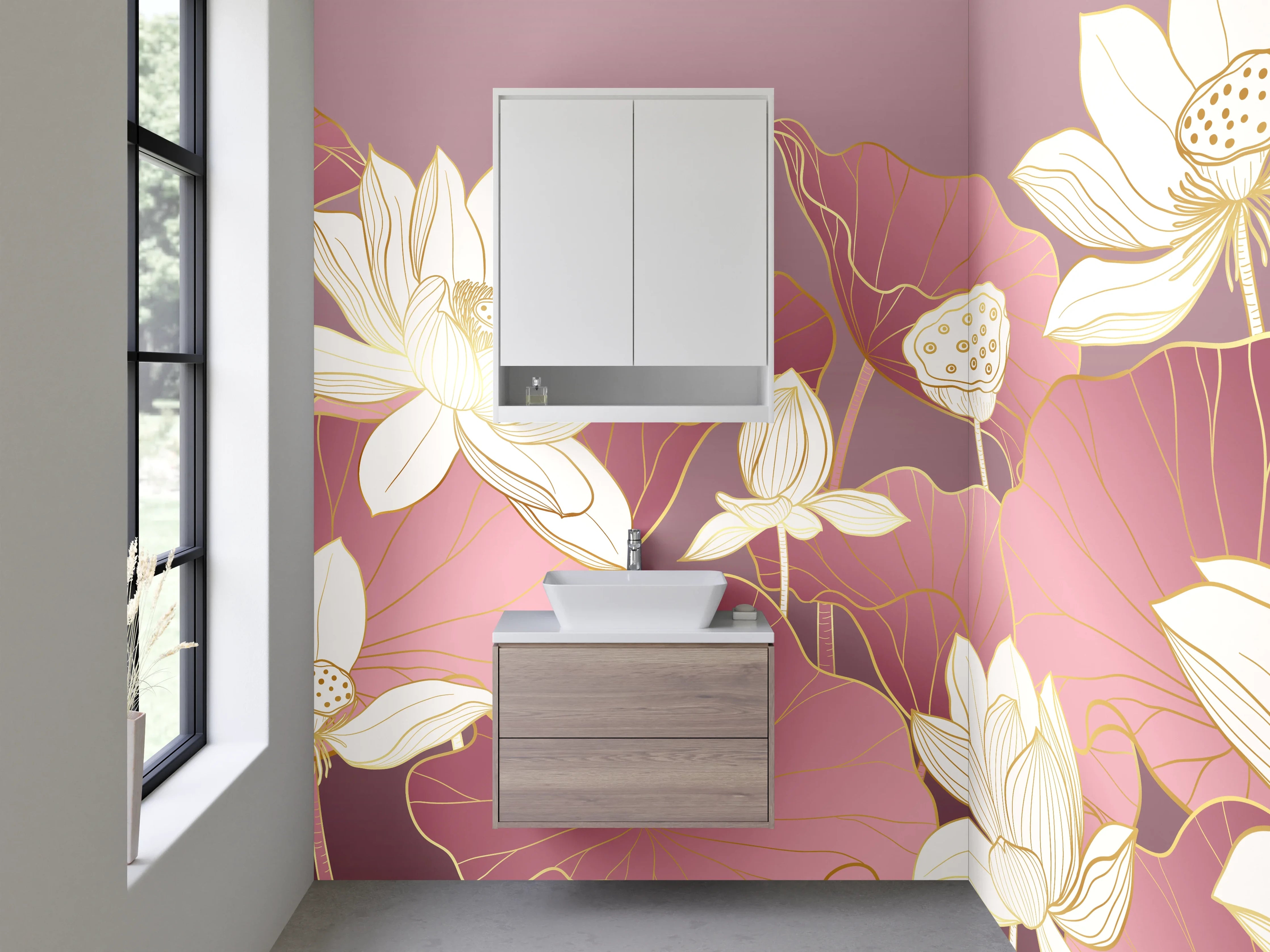 Waschbecken-Rückwand - Lotusblüten in zartem Rosa-Gold